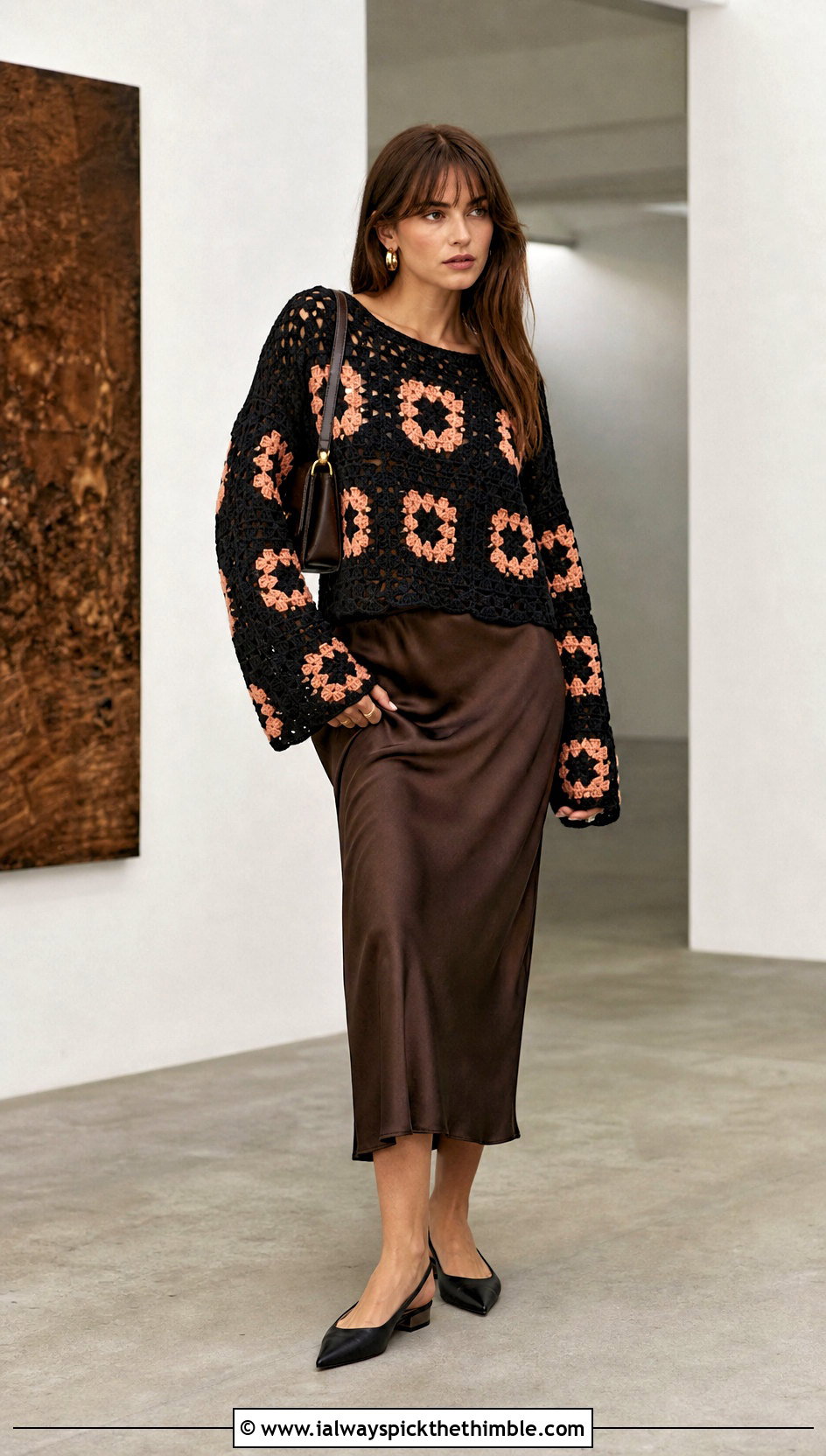 Granny Square Black Crochet Sweater With Satin Midi Skirt - 15 black crochet sweater fall fashion and outfit ideas