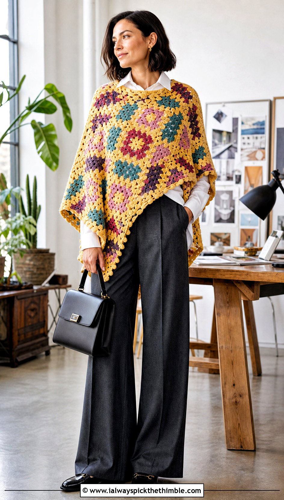 Granny Square Blanket Crochet Poncho With Tailored Trousers - 15 Blanket Crochet Poncho outfit ideas