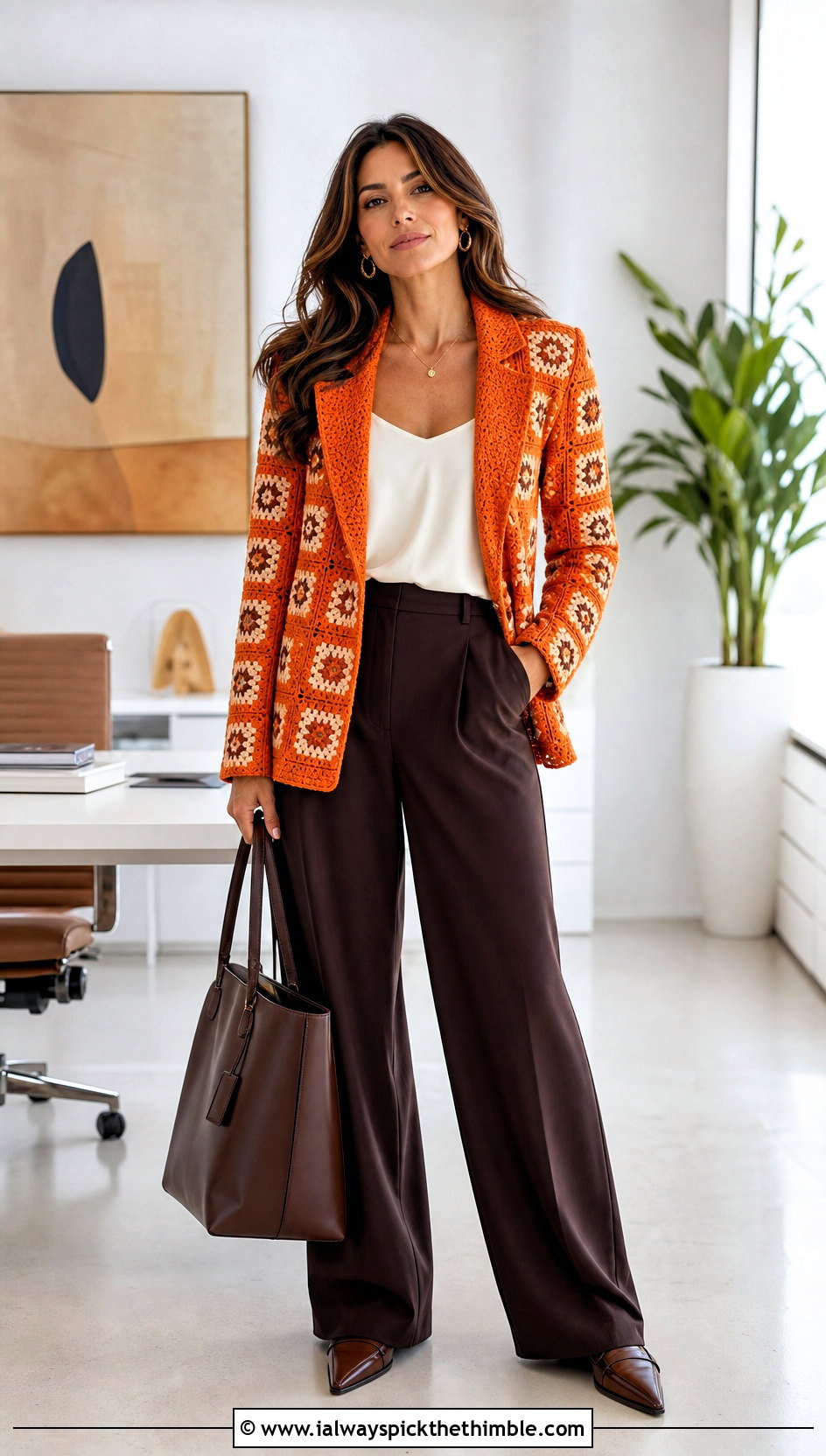 Granny Square Blazer Jacket With Tailored Trousers - 20 granny square jackets outfit ideas