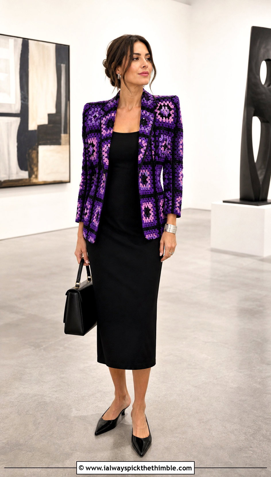 Granny Square Blazer With Black Column Dress - 20 Crochet Clothes With Granny Squares outfit ideas