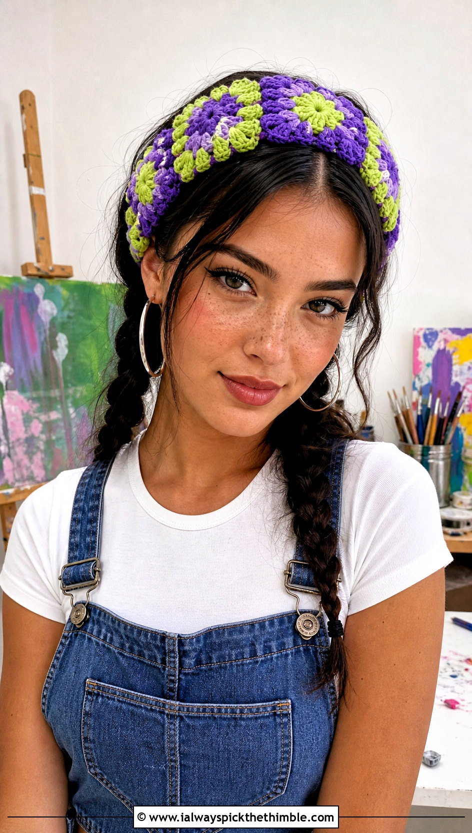 Granny Square Blossom Crochet Flower Headband With Overalls - 15 crochet lovely flower headband outfit ideas