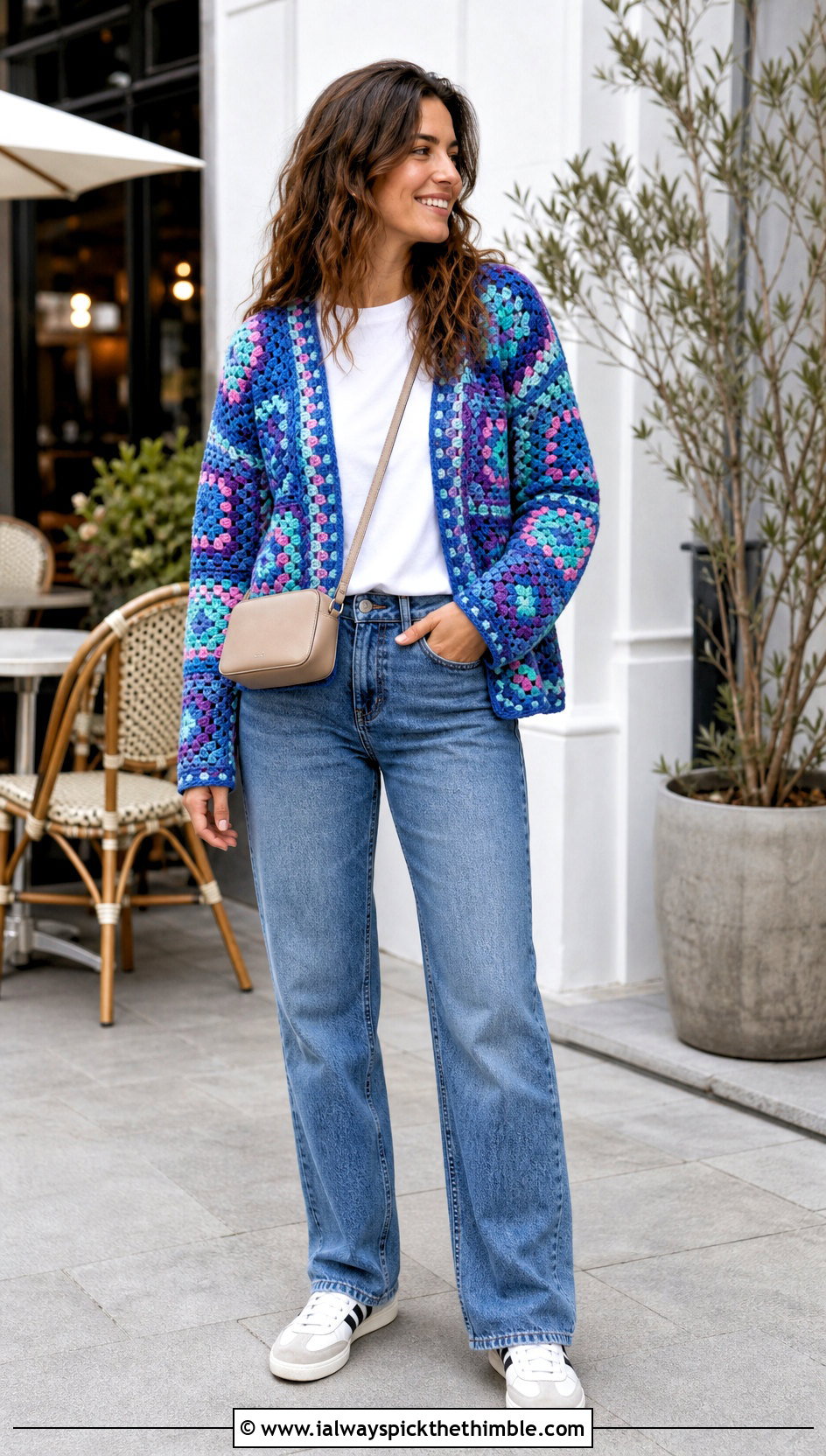 Granny Square Blue Crochet Cardigan With Straight Leg Jeans - 25 blue crochet cardigan outfit ideas