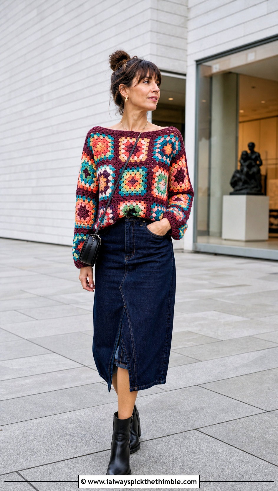 Granny Square Boat Neck Crochet Sweater With Denim Midi Skirt - 15 boat neck crochet sweater outfit ideas