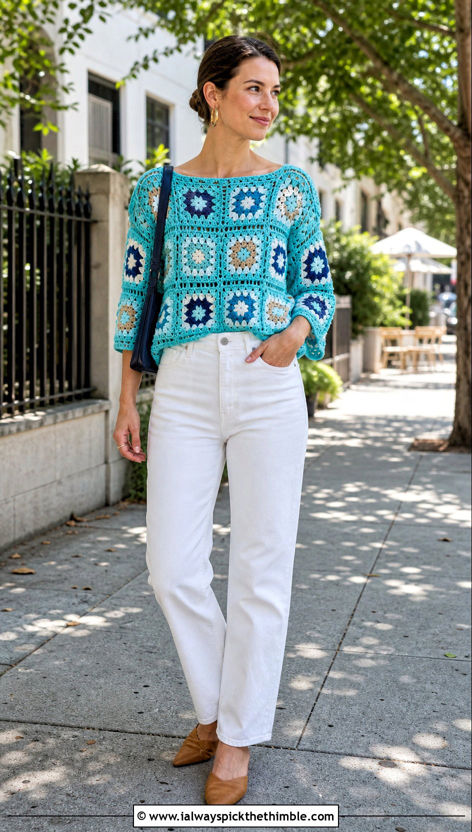 Granny Square Boat Neck Top With White Jeans - 25 granny square crochet top outfit ideas