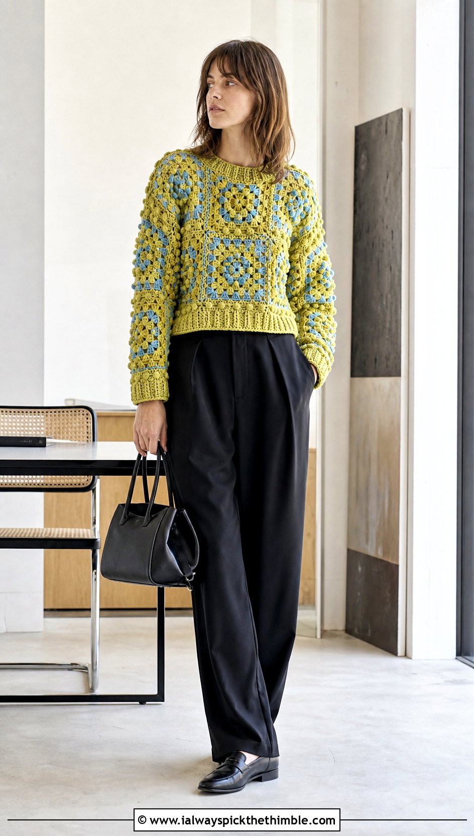 Granny Square Bobble Sweater With Pleated Trousers - 20 crochet bobble sweater outfit ideas