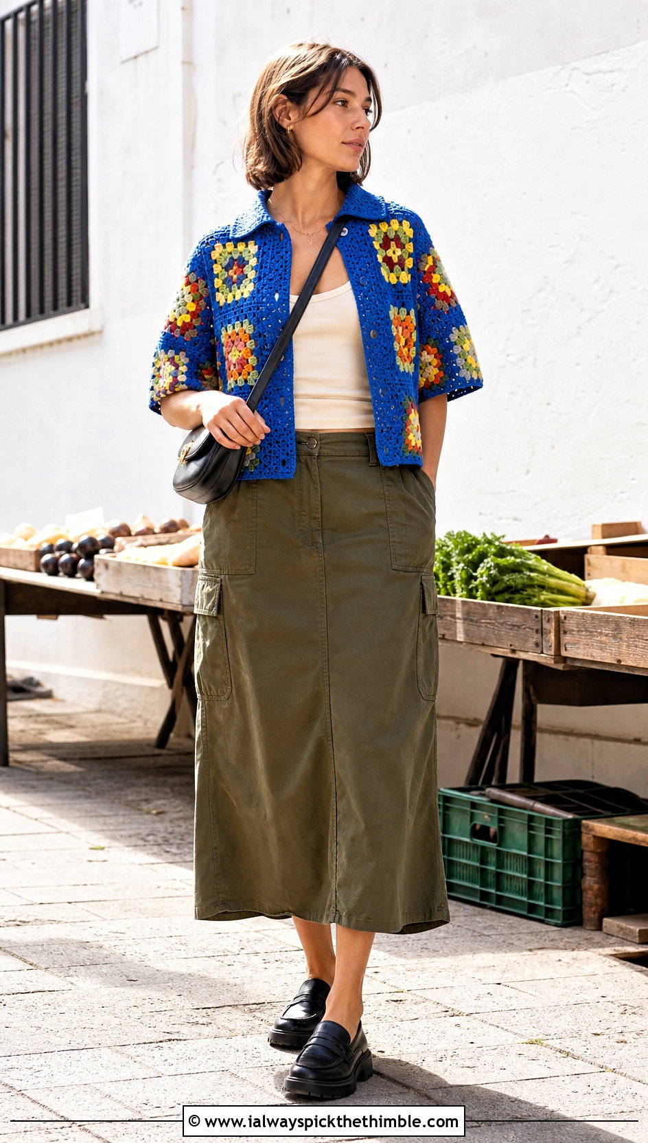 Granny Square Bode Crochet Shirt With Utility Midi Skirt - 20 Bode Crochet Shirt outfit ideas