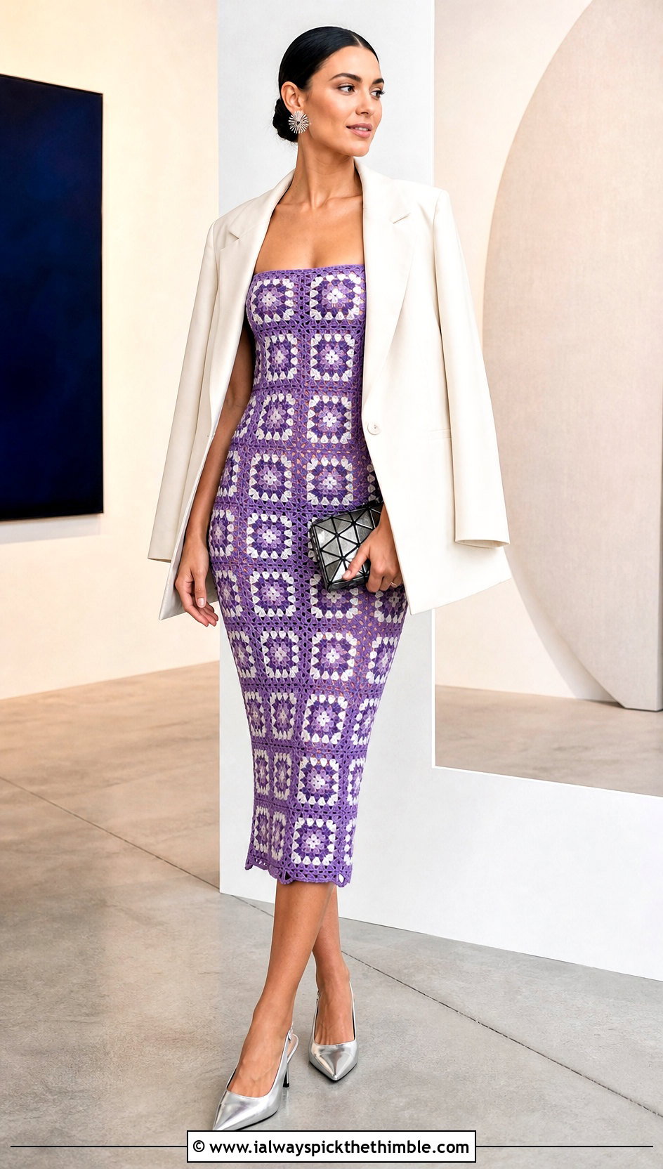 Granny Square Bodycon Dress With Oversized Blazer - 25 crochet granny square dress outfit ideas