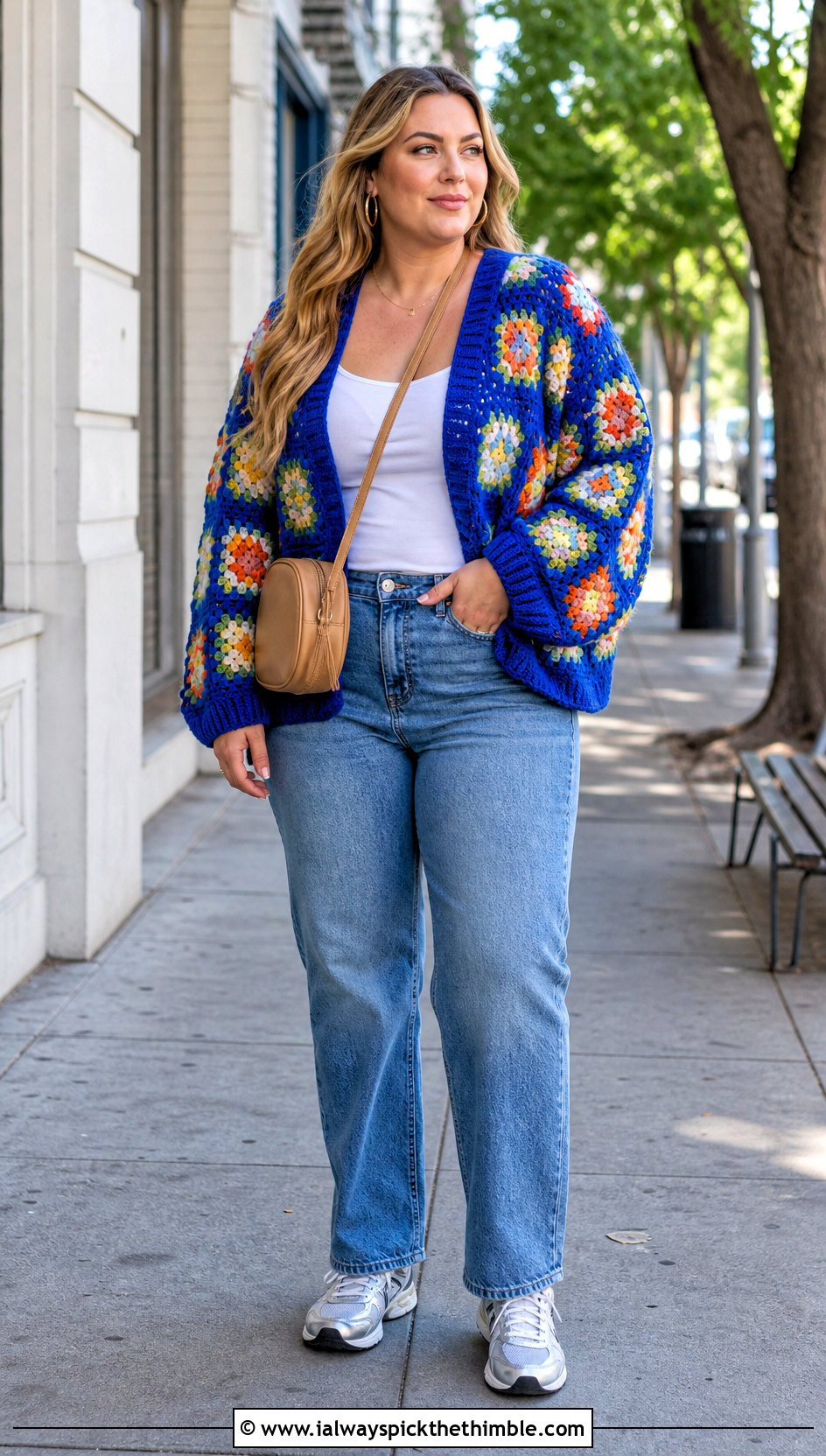 Granny Square Boho Crochet Cardigan With Straight Leg Jeans - 25 crochet boho cardigan outfit ideas