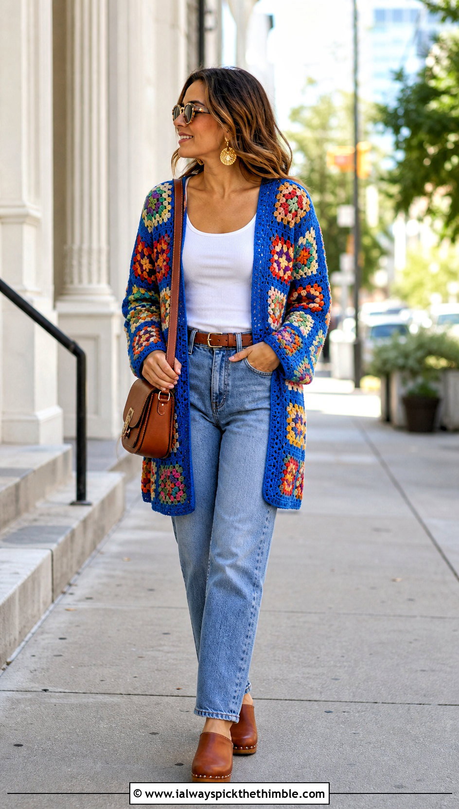 Granny Square Boho Crochet Cardigan With Straight Leg Jeans - 25 Boho Crochet Cardigan outfit ideas