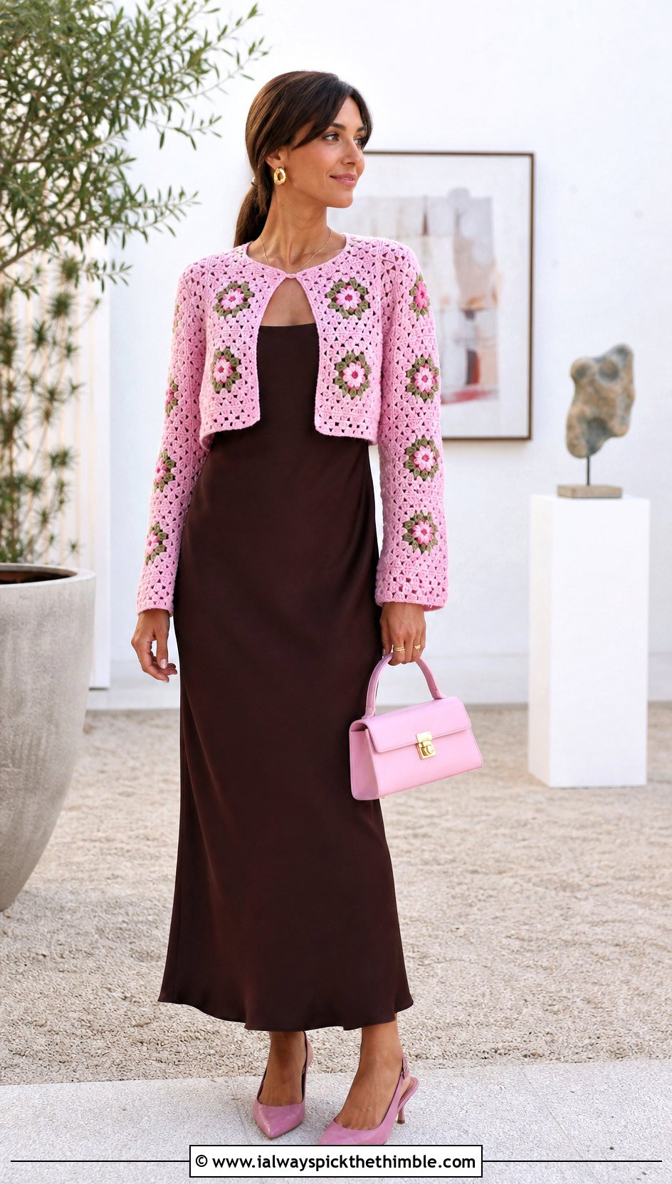 Granny Square Bolero Cardigan With Column Dress - 25 cute crochet cardigan outfit ideas