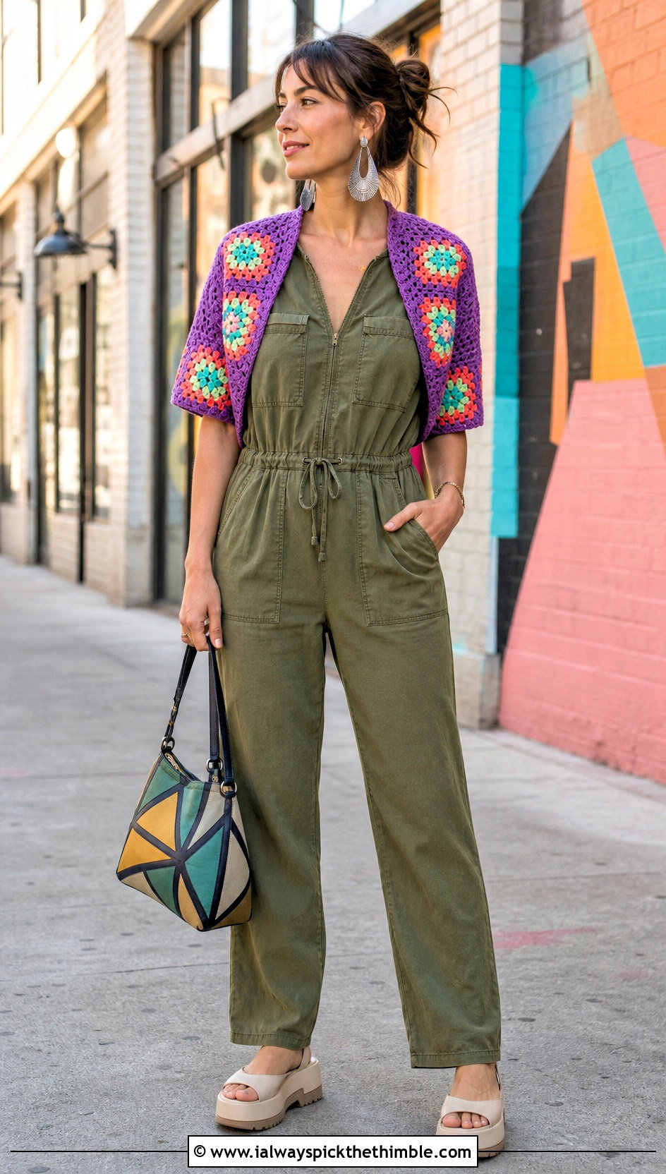 Granny Square Bolero Cardigan With Utility Jumpsuit - 15 Womens Granny Square Cardigan outfit ideas