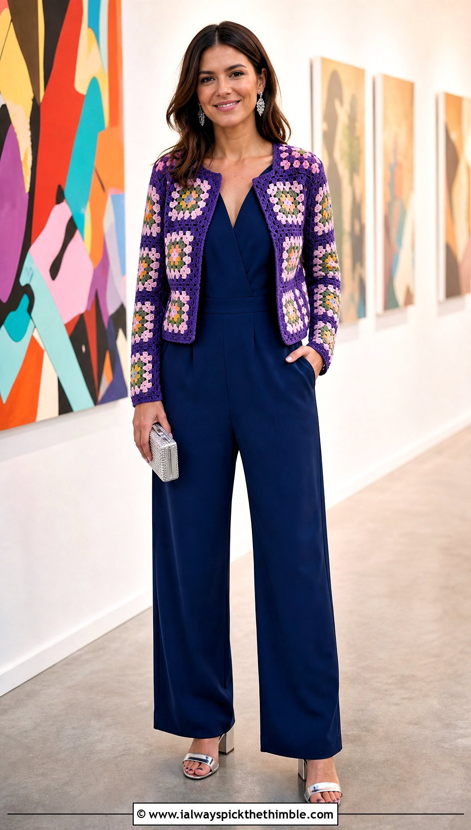 Granny Square Bolero Cardigan With Wide Leg Jumpsuit - 20 For Granny Square Cardigan outfit ideas
