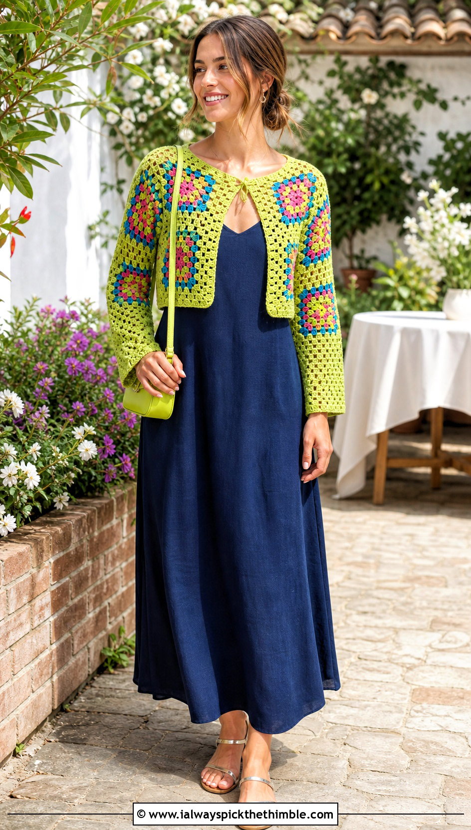 Granny Square Bolero Crochet Cardigan With Maxi Dress - 25 crocheted cardigan outfit ideas