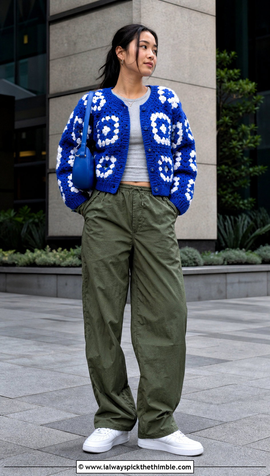Granny Square Bomber Cardigan With Parachute Pants - 25 Easy Simple Crochet Granny Square Cardigan outfit ideas