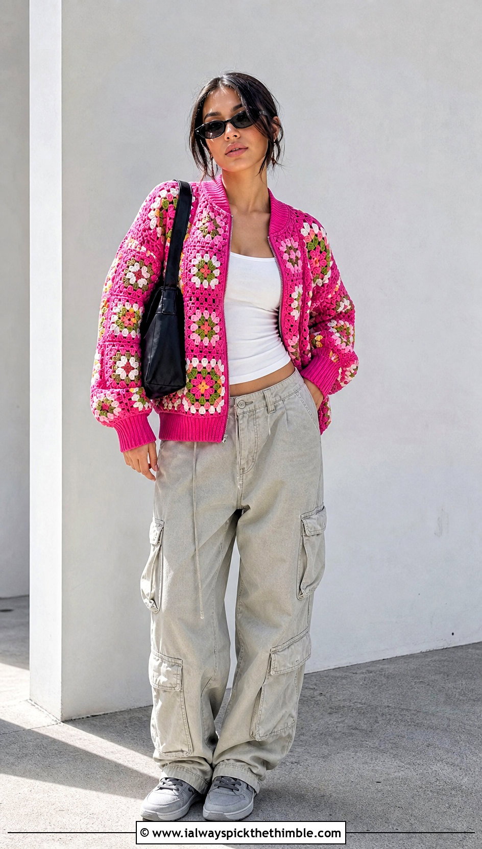 Granny Square Bomber Jacket With Cargo Pants - 20 granny square jackets outfit ideas