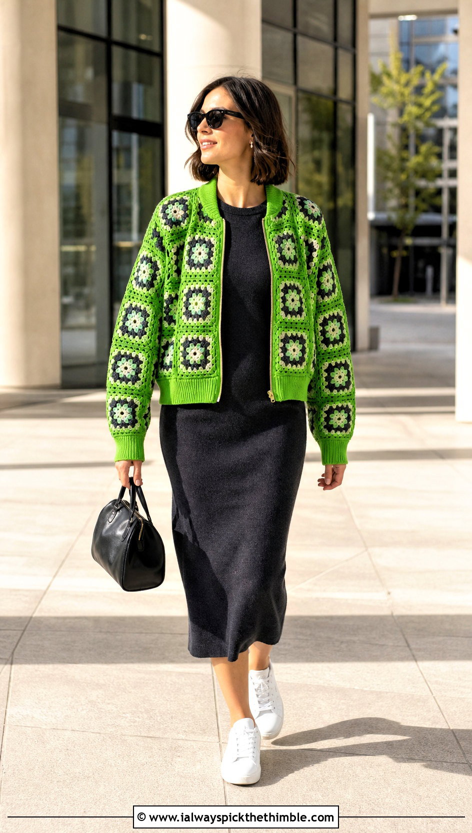 Granny Square Bomber Jacket With Column Dress - 25 Granny Square Outfit ideas