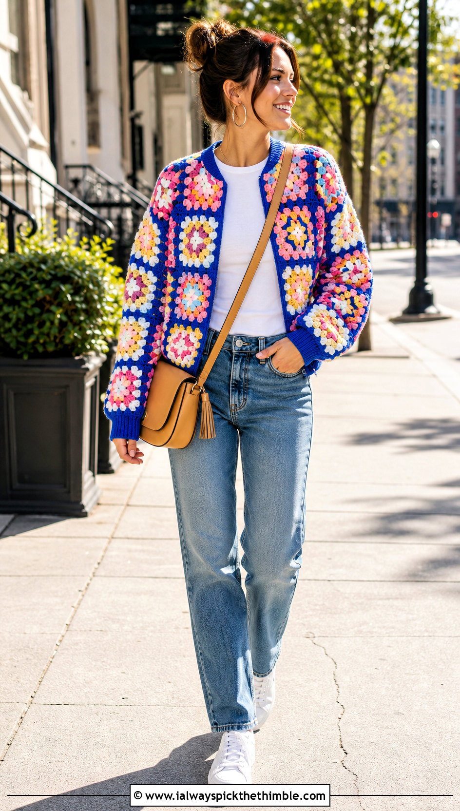 Granny Square Bomber Jacket With Straight Leg Jeans - 15 Colorful Crochet Jacket Design outfit ideas