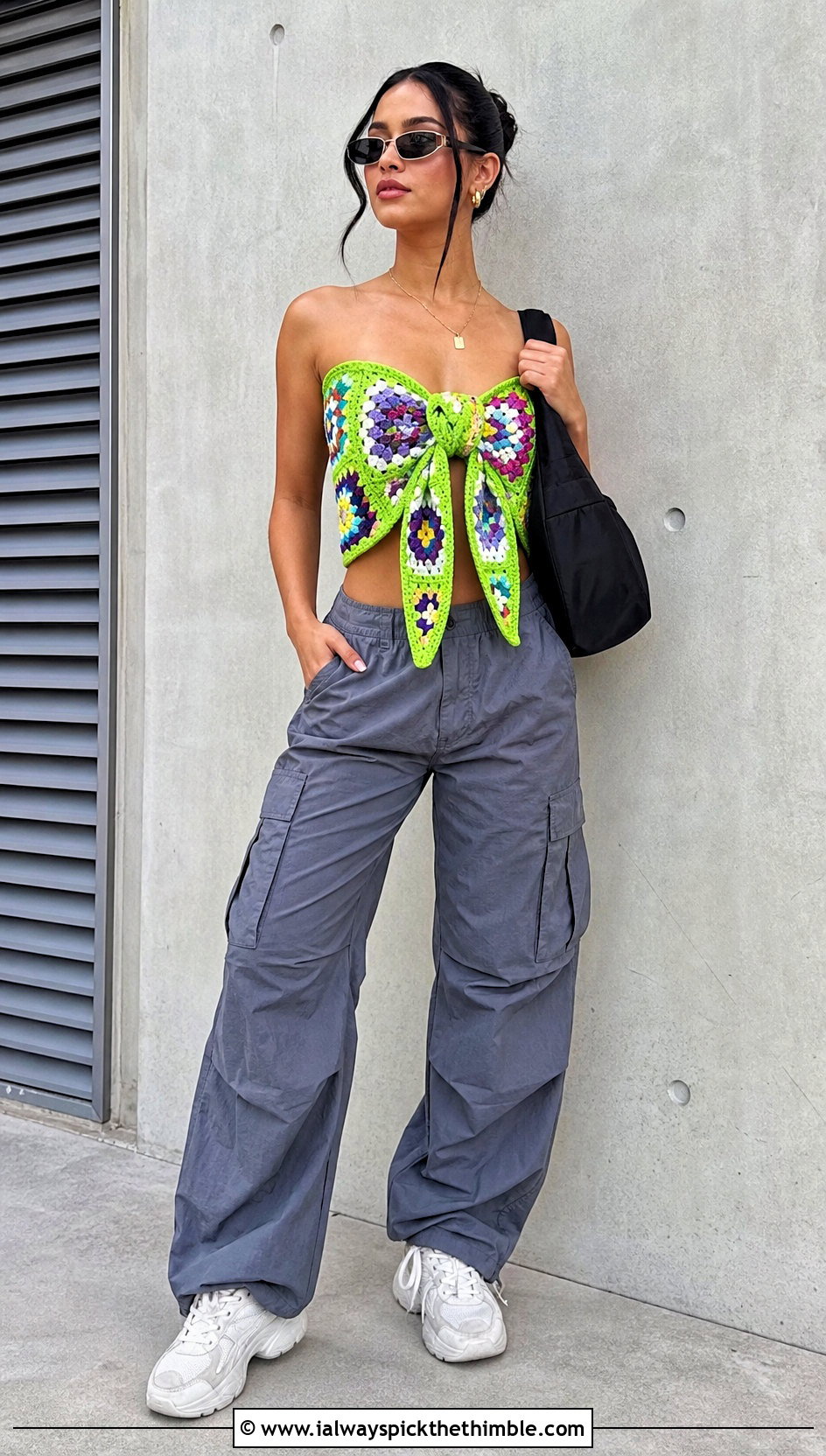 Granny Square Bow Crochet Top With Cargo Pants - 15 crochet top with bow detail outfit ideas