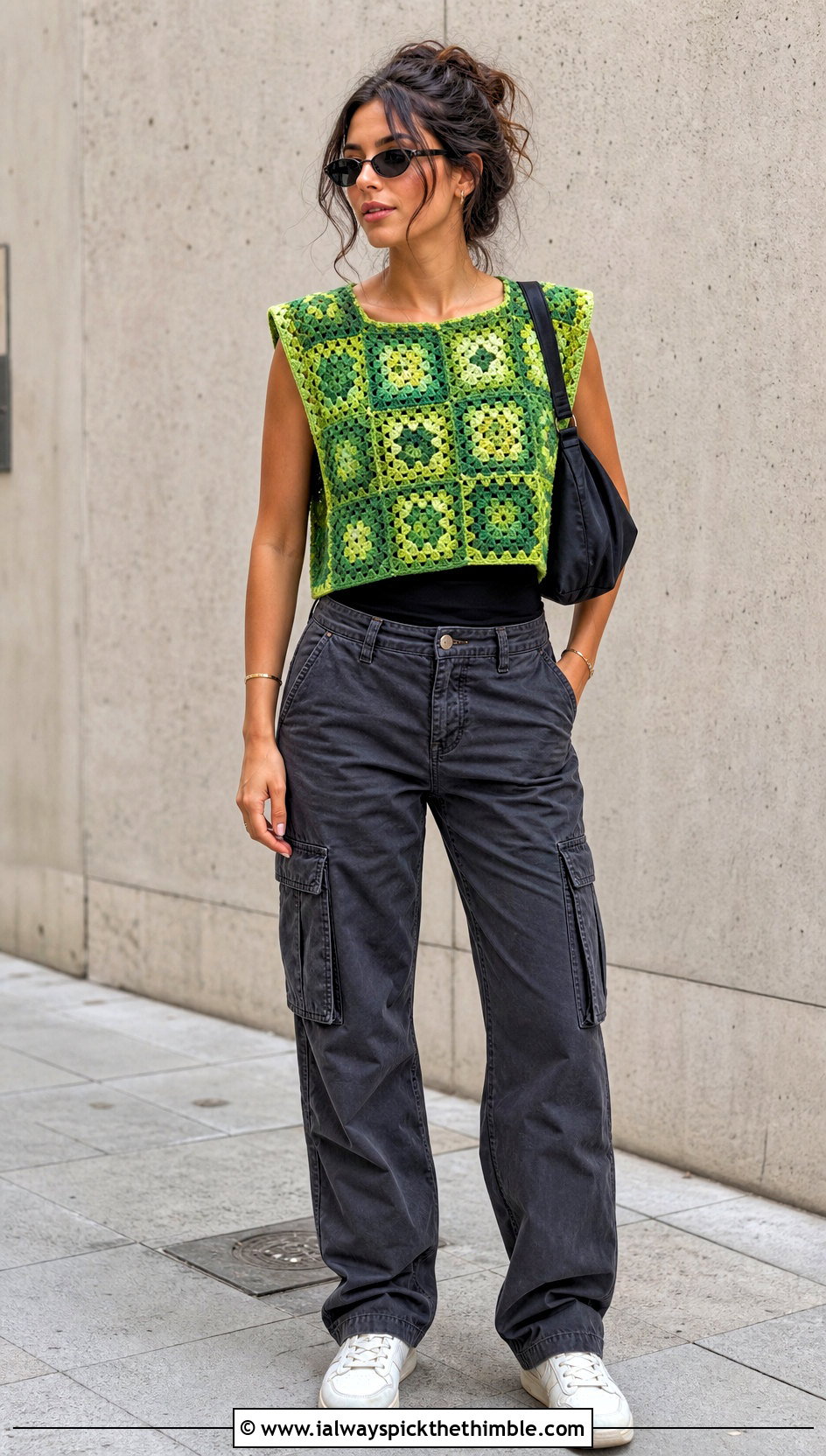 Granny Square Boxy Crochet Top With Cargo Pants - 25 loose crochet top outfit ideas