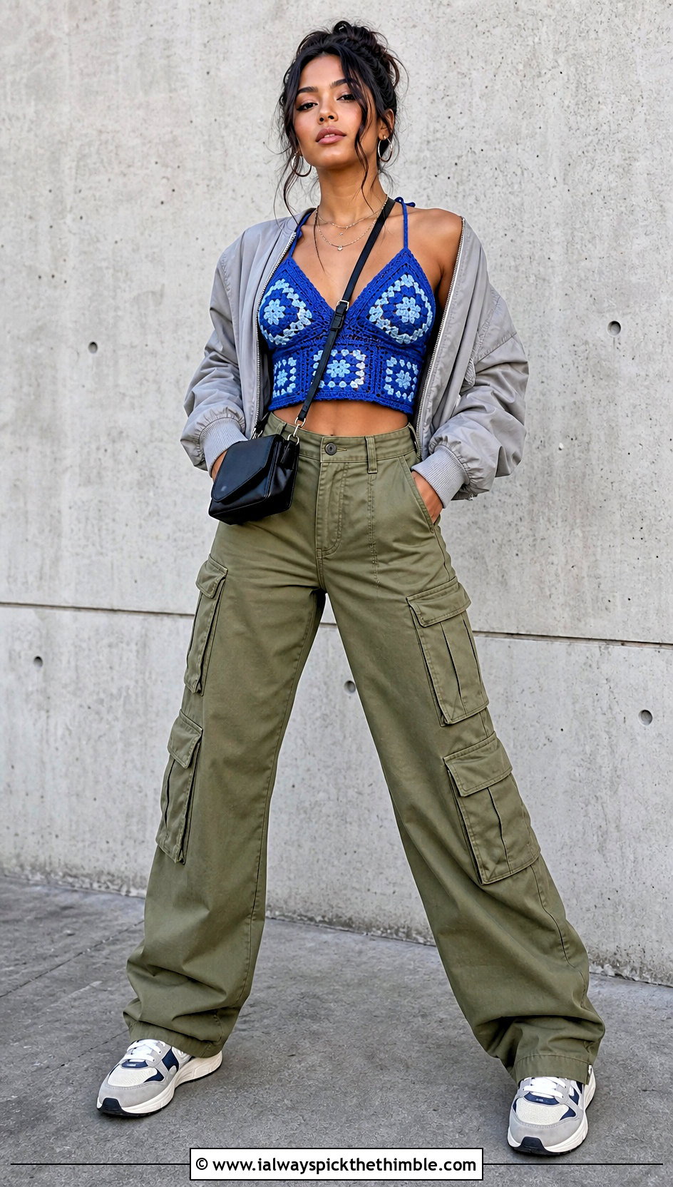 Granny Square Bralette Top With Cargo Pants - 25 granny square crochet top outfit ideas