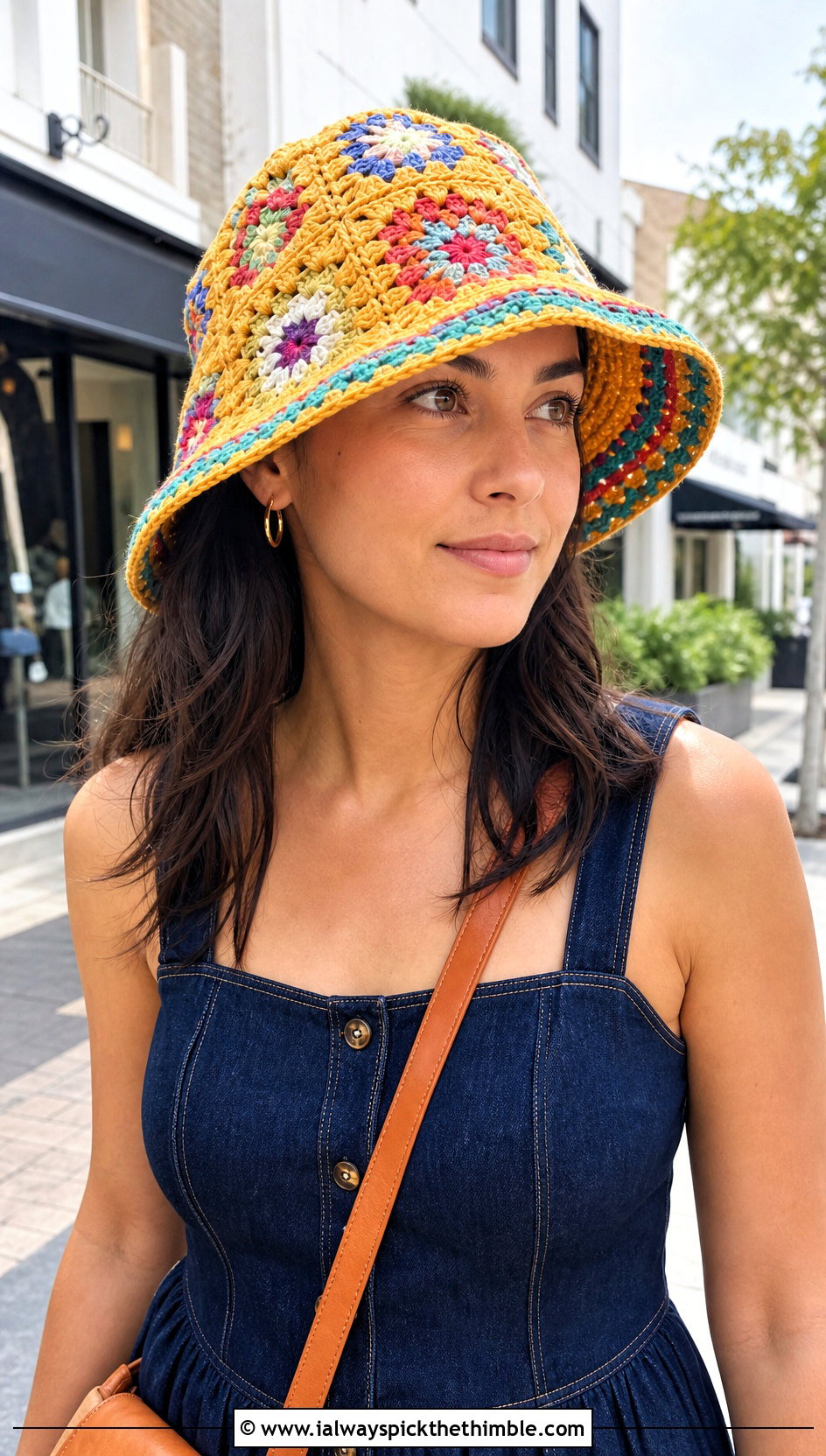 Granny Square Brim Crochet Hat With Denim Dress - 20 Easy Crochet Hats With Brim outfit ideas