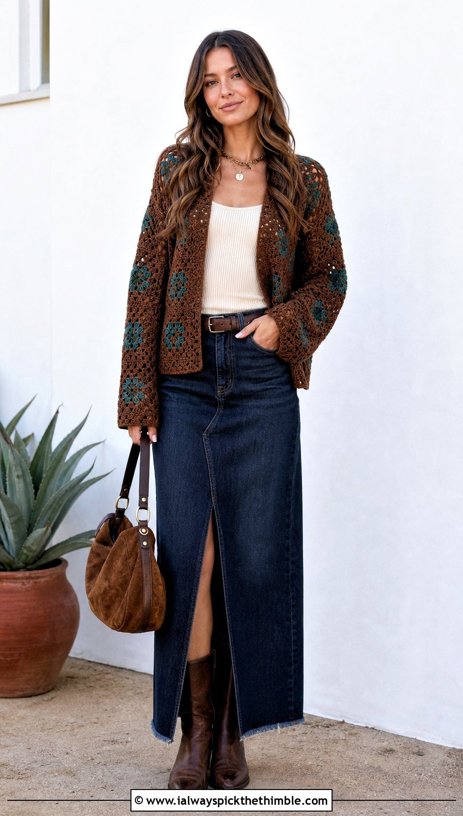 Granny Square Brown Crochet Cardigan With Denim Maxi Skirt - 25 Brown Crochet Cardigan outfit ideas