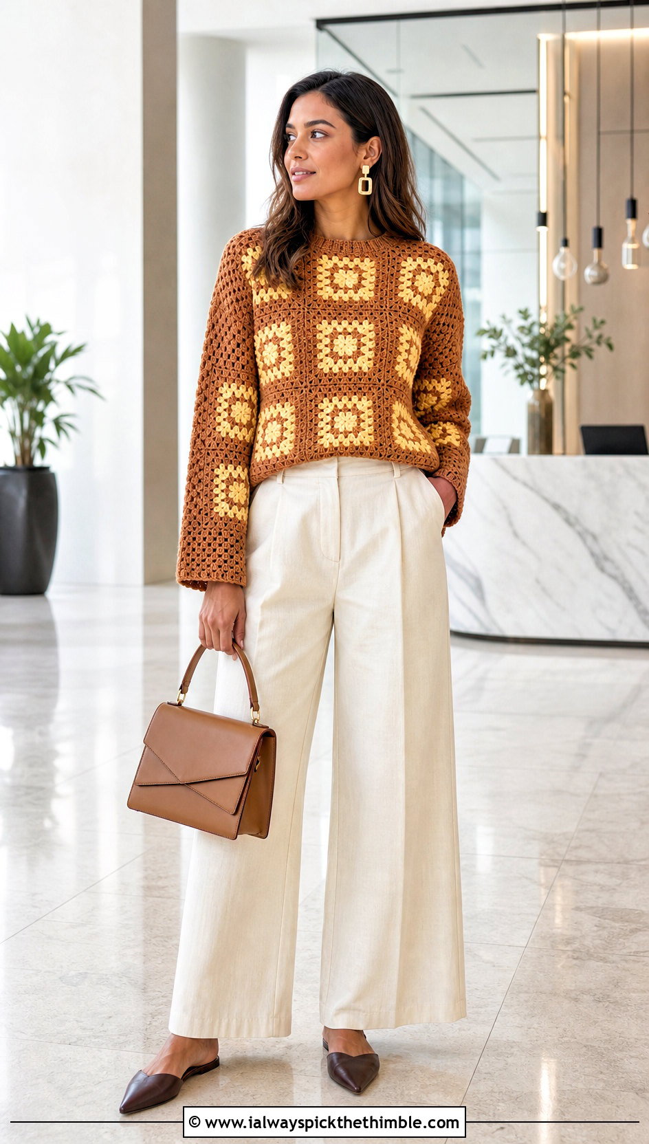 Granny Square Brown Crochet Sweater With Wide Leg Pants - 25 crochet brown sweater outfit ideas