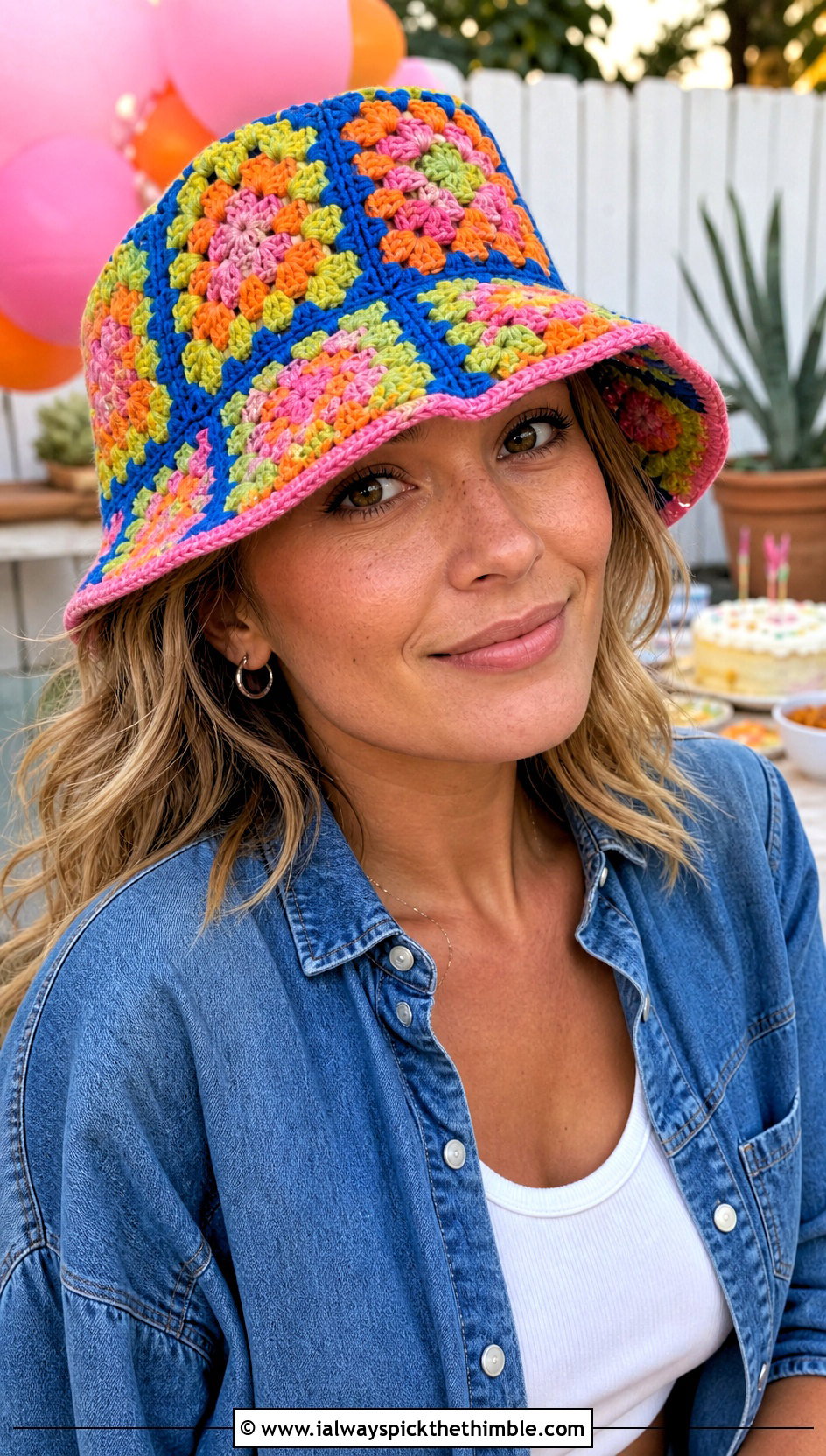 Granny Square Bucket Birthday Hat With Denim Set - 20 Birthday Crochet Hat outfit ideas