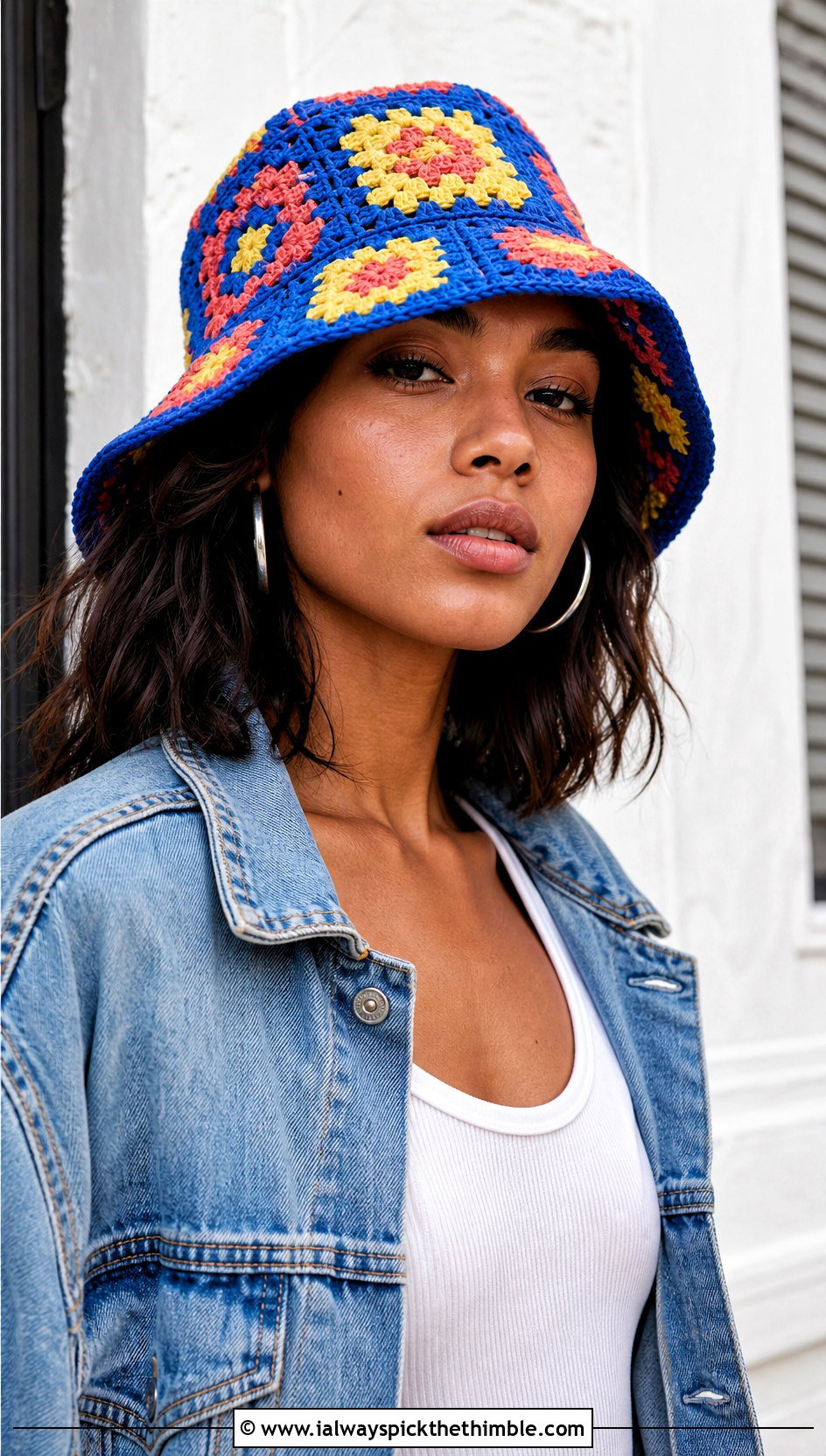 Granny Square Bucket Cap With Denim Jacket - 25 crochet caps outfit ideas