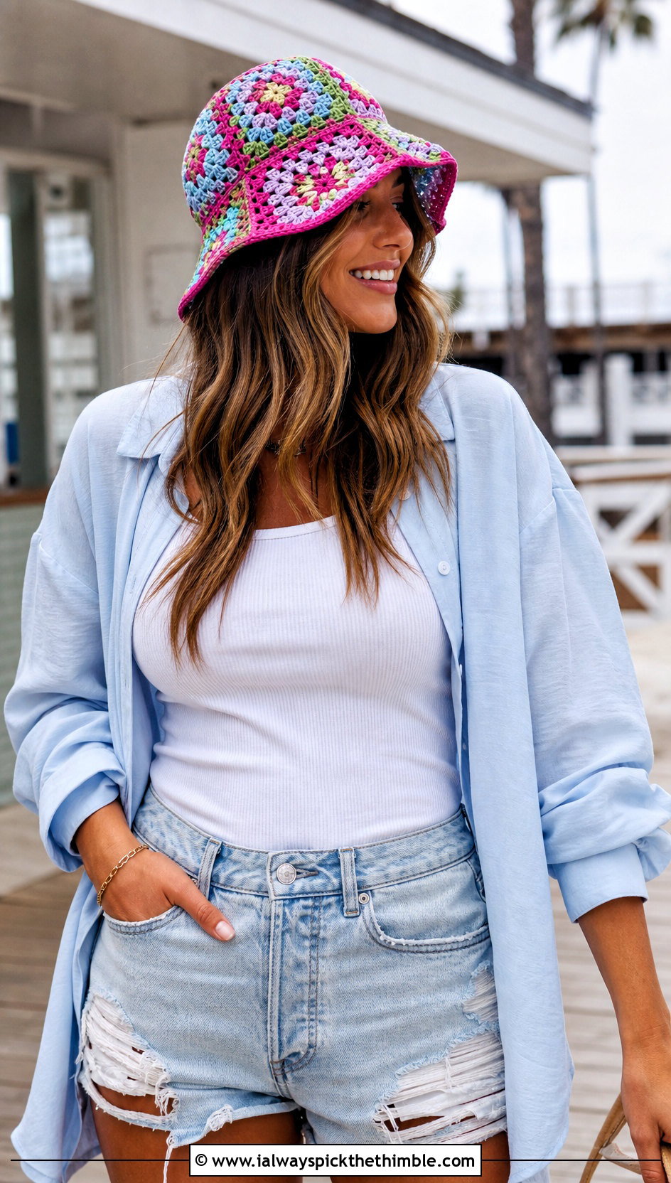 Granny Square Bucket Crochet Beach Hat With Denim Shorts - 20 crochet beach hat outfit ideas