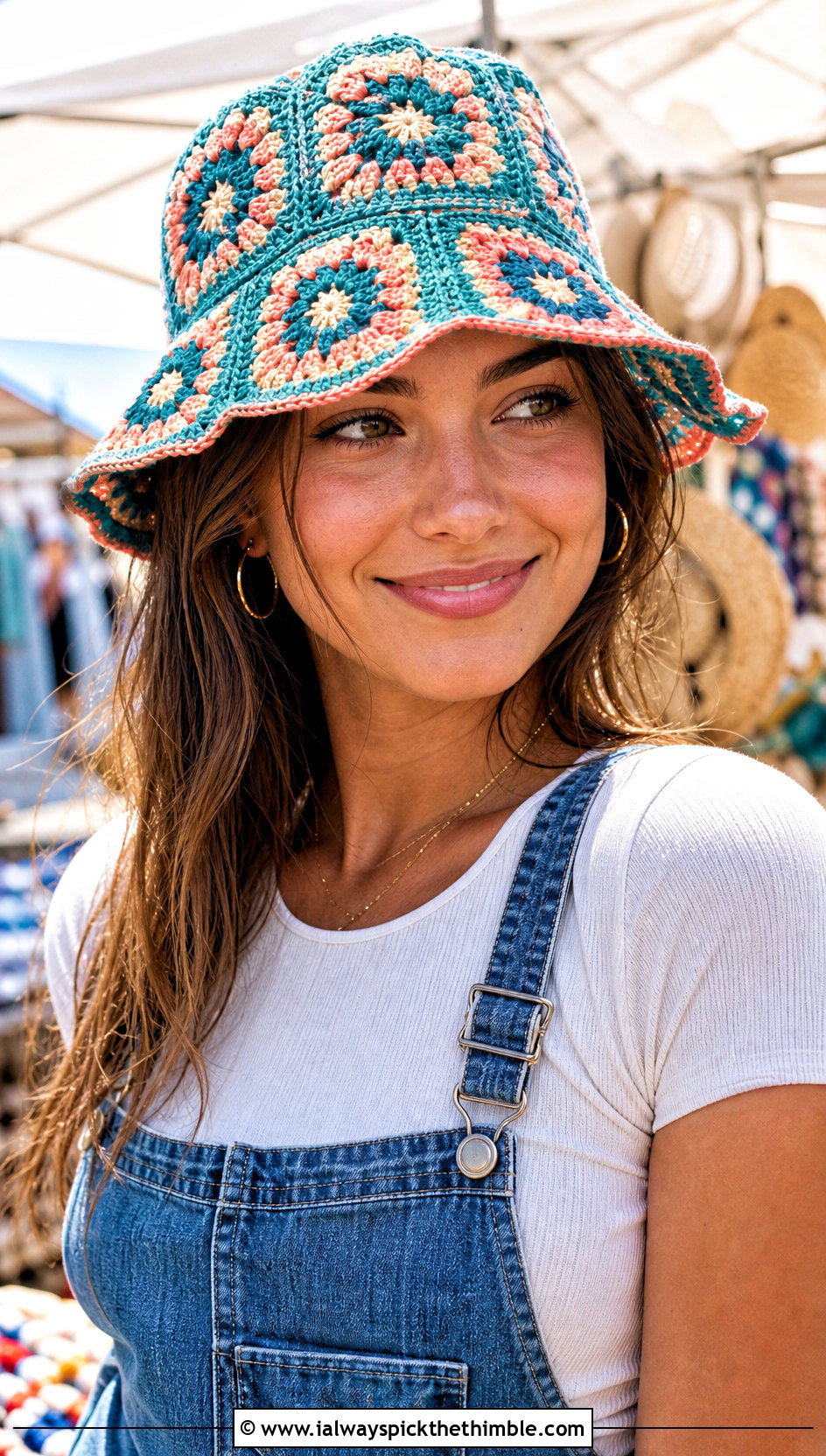 Granny Square Bucket Crochet Sun Hat With Denim Overalls - 20 Easy Crochet Sun Hat outfit ideas