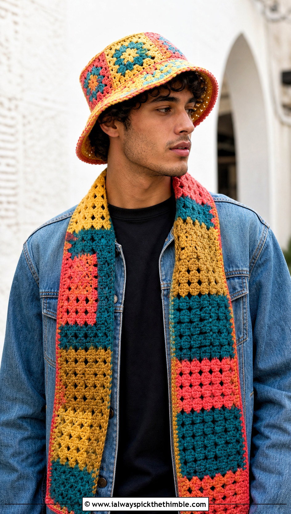Granny Square Bucket Hat And Patchwork Scarf With Denim Jacket - 15 Mens Crochet Hat And Scarf outfit ideas