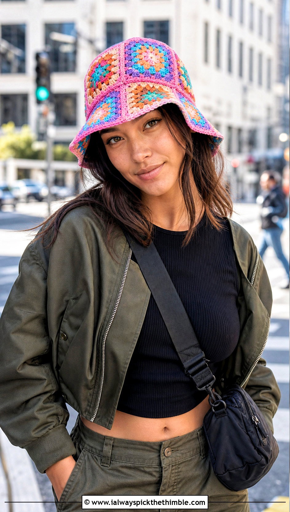 Granny Square Bucket Hat With Cargo Pants - 25 crocheted hats outfit ideas