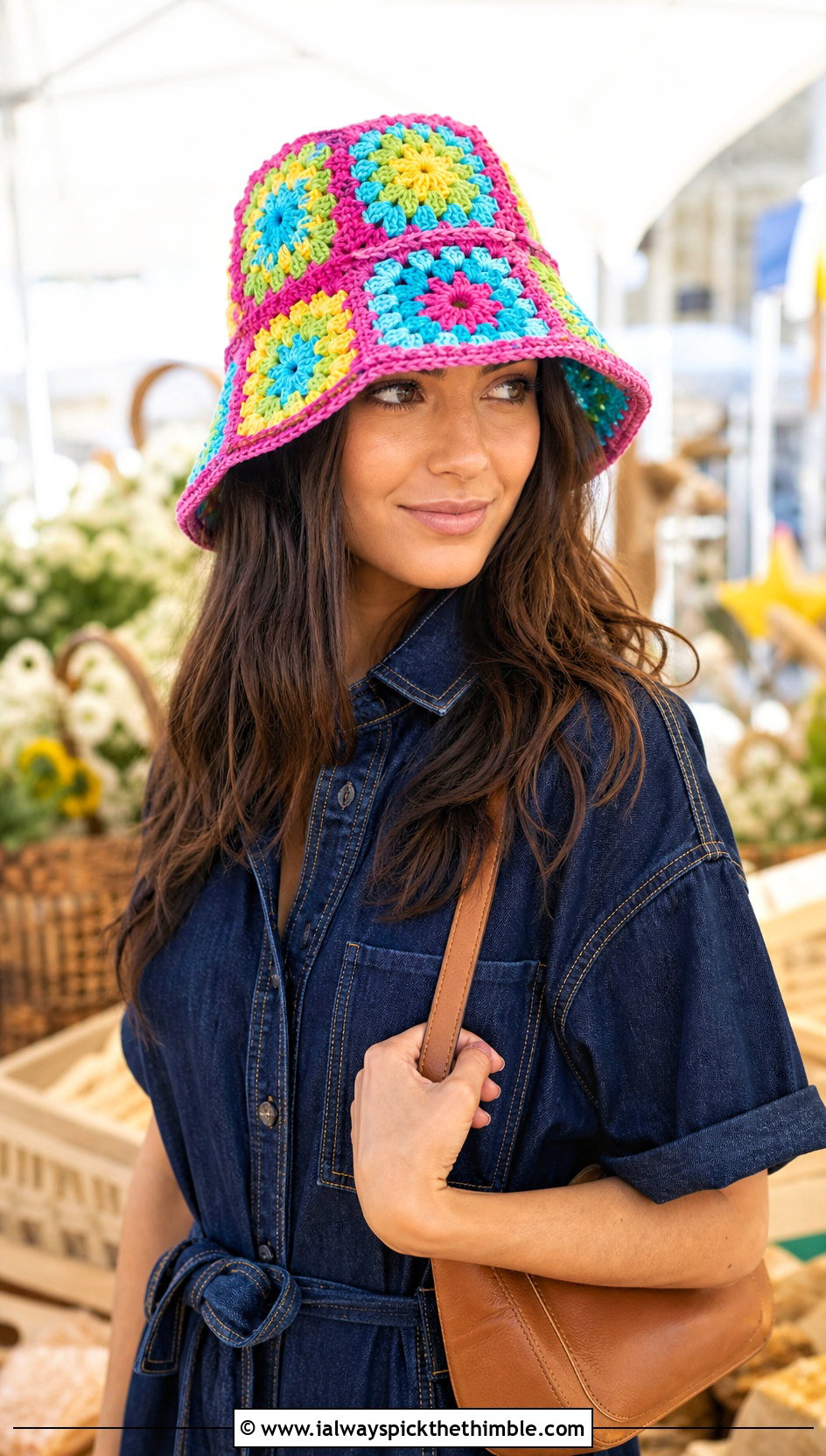 Granny Square Bucket Hat With Denim Dress - 25 easy crochet hat for women outfit ideas