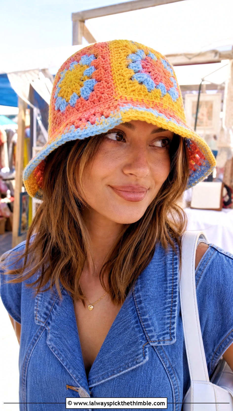 Granny Square Bucket Hat With Denim Dress - 20 Easy Crochet Hats For Beginners outfit ideas