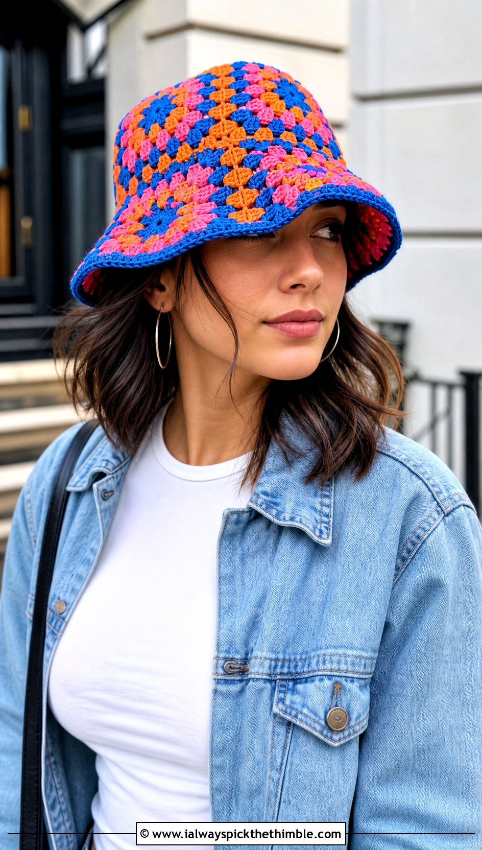 Granny Square Bucket Hat With Denim Jacket - 20 Granny Crochet Hat outfit ideas