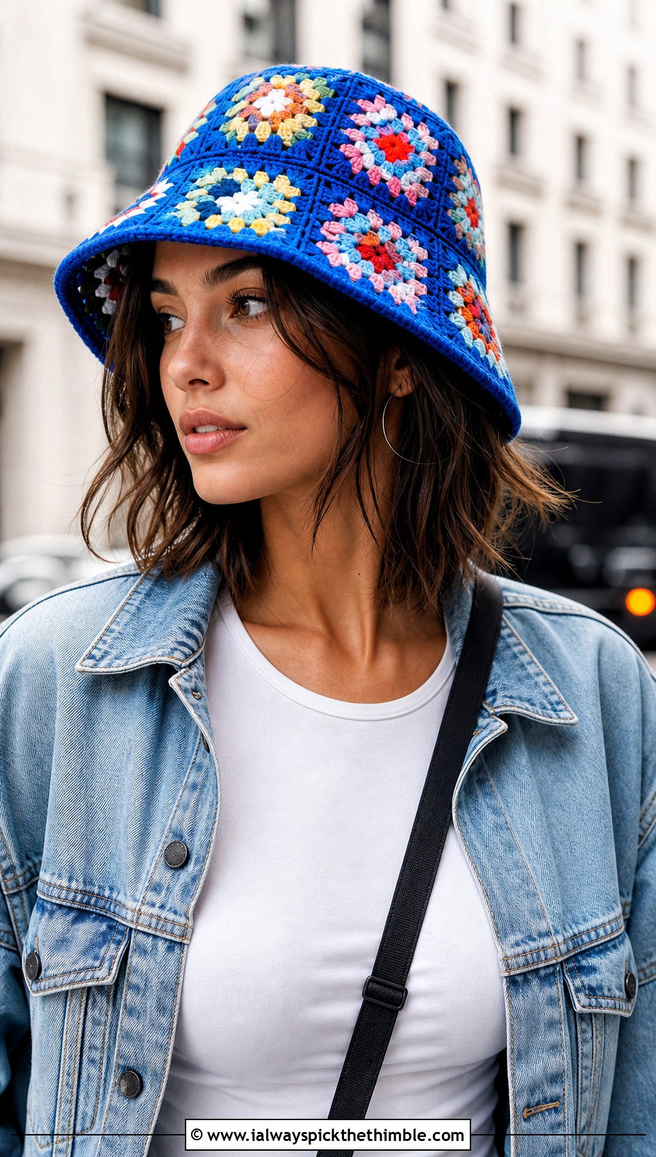 Granny Square Bucket Hat With Denim Jacket - 20 granny stitch crochet hat outfit ideas