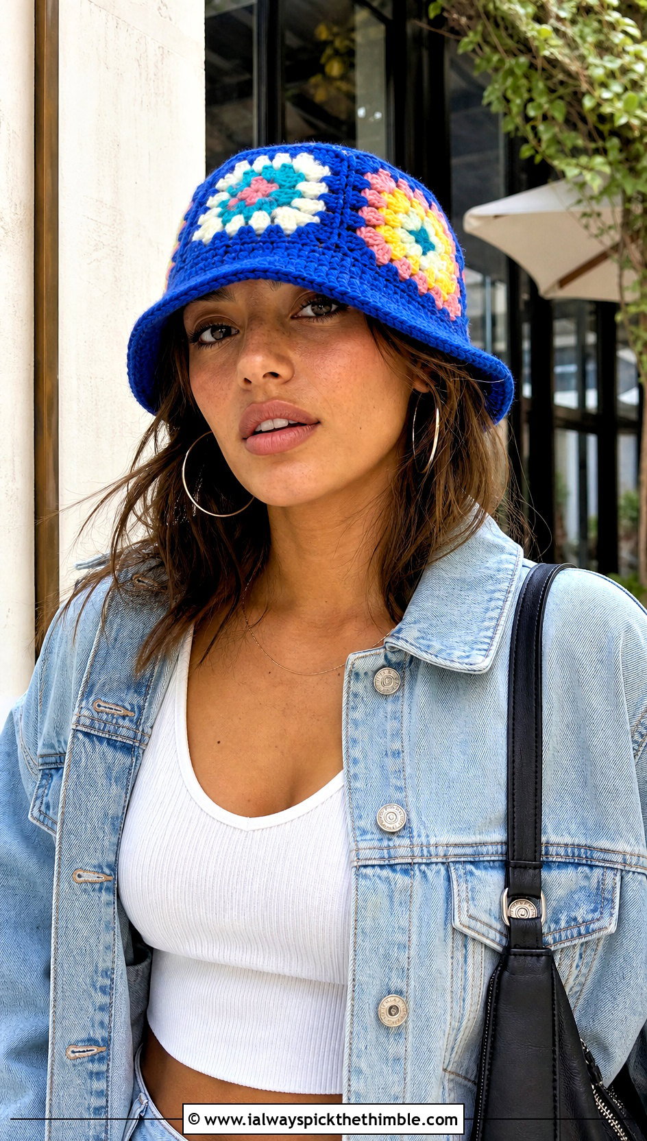 Granny Square Bucket Hat With Denim Jacket - 25 one piece crochet hat outfit ideas