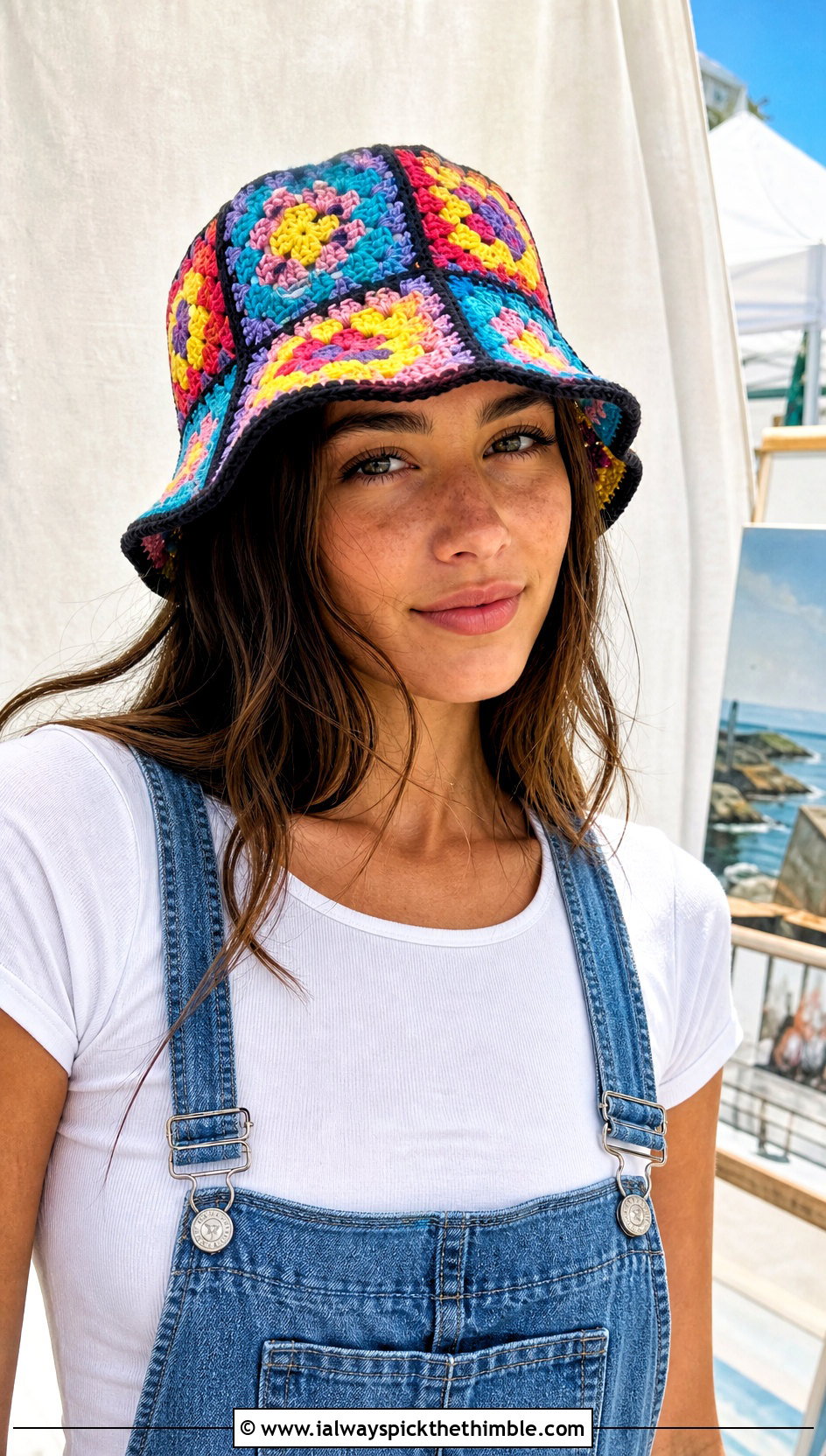 Granny Square Bucket Hat With Denim Overalls - 15 Crochet Crowd Hat outfit ideas