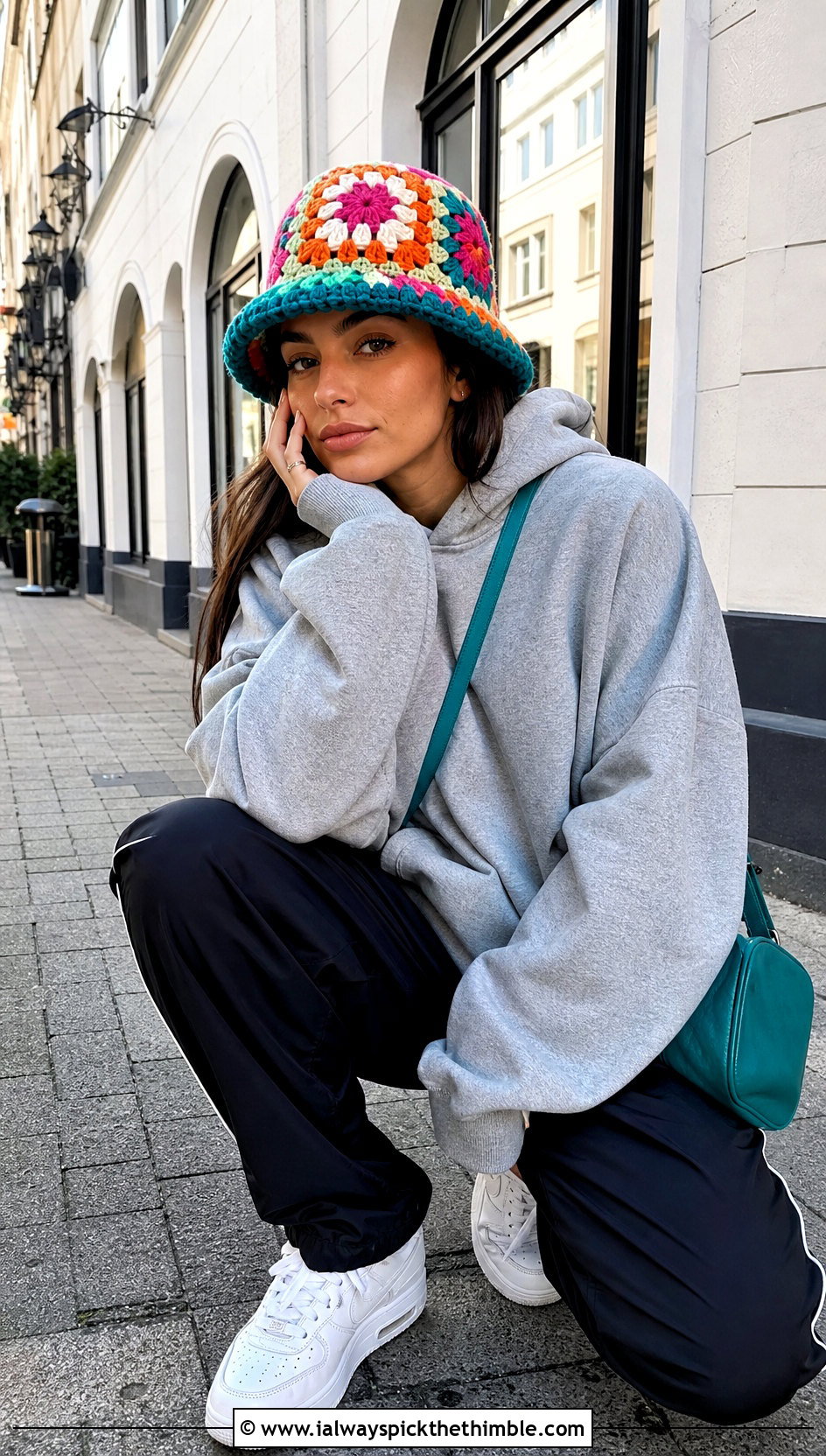 Granny Square Bucket Hat With Hoodie And Track Pants - 20 Wool Crochet Hat outfit ideas