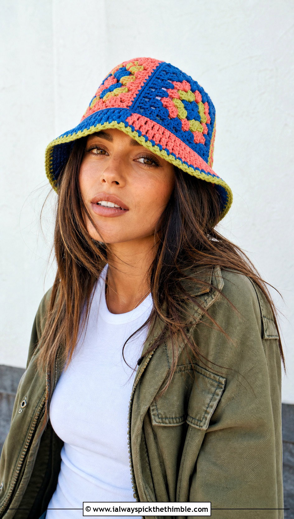 Granny Square Bucket Hat With T Shirt And Cargo Pants - 20 crochet stitch hat outfit ideas