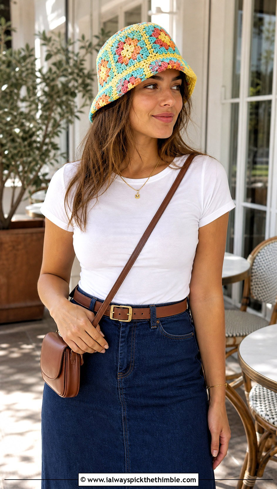 Granny Square Bucket Hat With White Tee And Denim Maxi Skirt - 20 crocheted hat outfit ideas