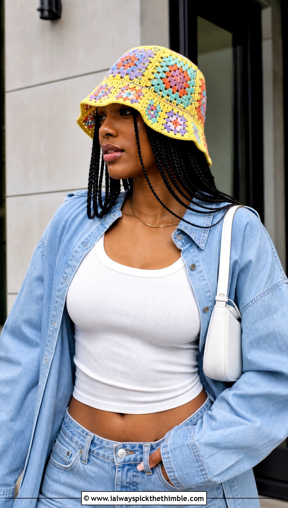 Granny Square Bucket Photo Prop Crochet Hat With Denim Outfit - 15 Photo Prop Crochet Hat outfit ideas