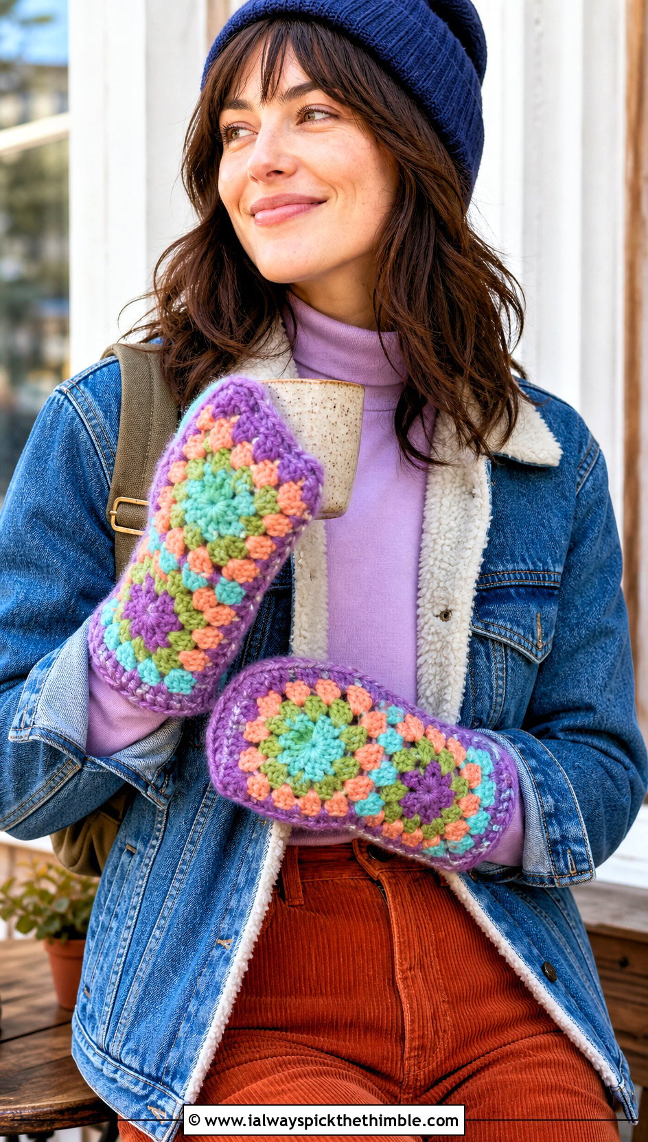 Granny Square Bulky Crochet Mittens With Denim Jacket And Corduroy Pants - 15 Bulky Crochet Mittens outfit ideas