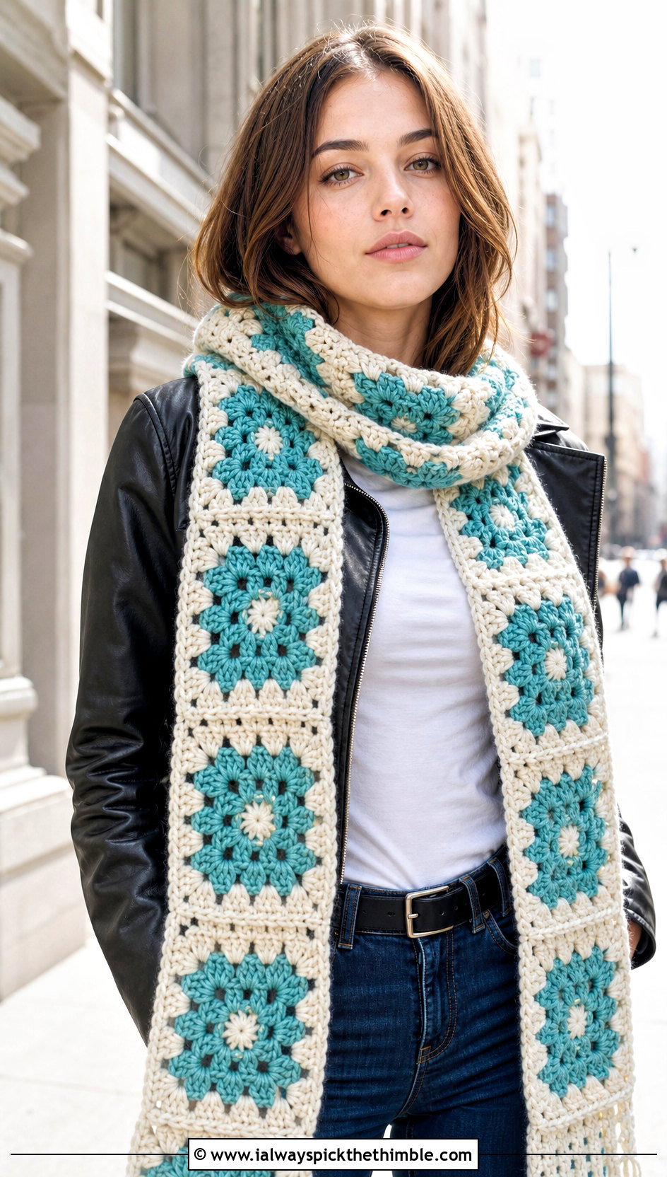 Granny Square Bulky Crochet Scarf With Leather Jacket - 15 Crochet For Scarves Using Bulky Yarn outfit ideas