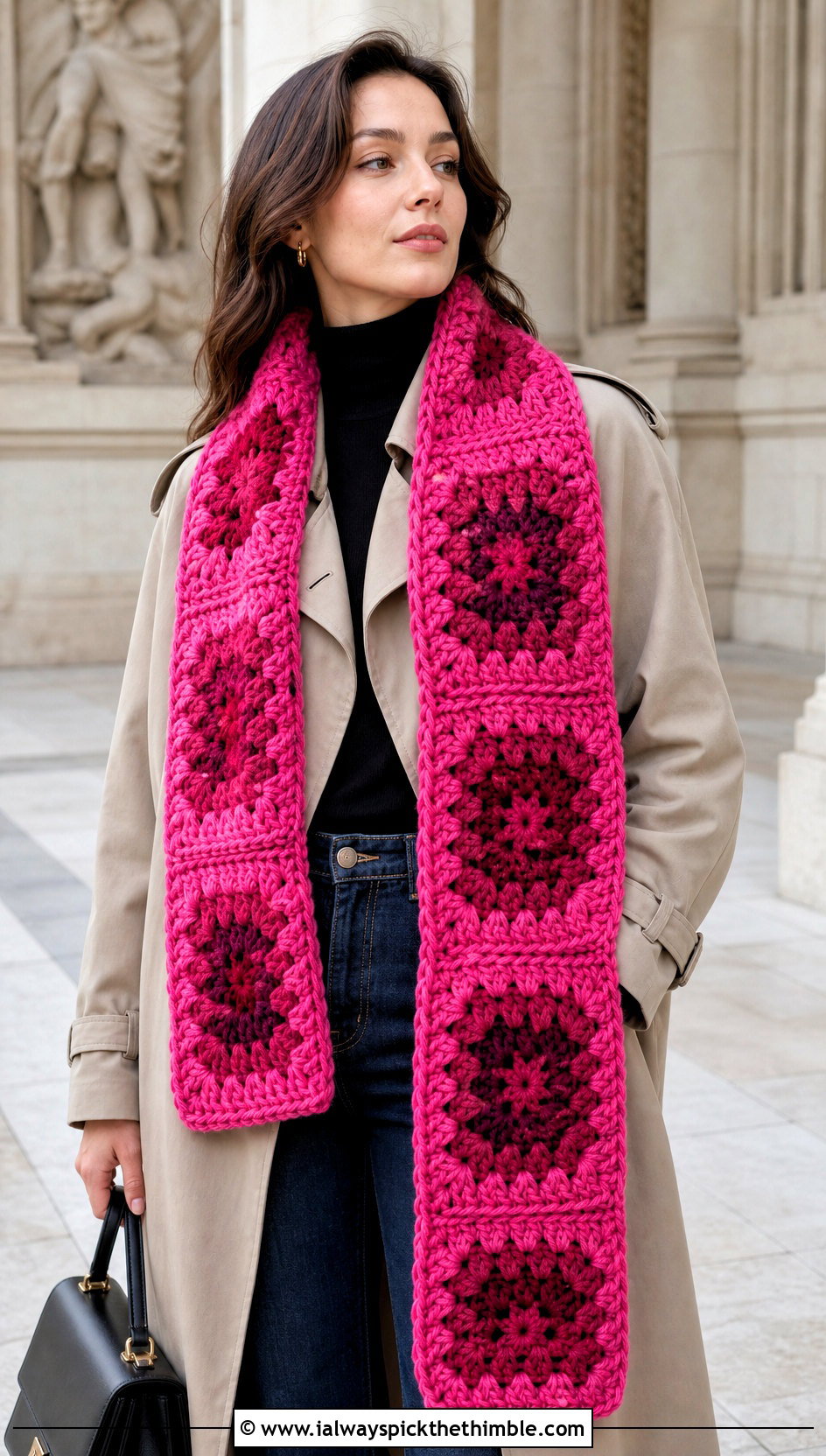 Granny Square Bulky Crochet Scarf With Trench Coat - 20 bulky crochet scarf outfit ideas