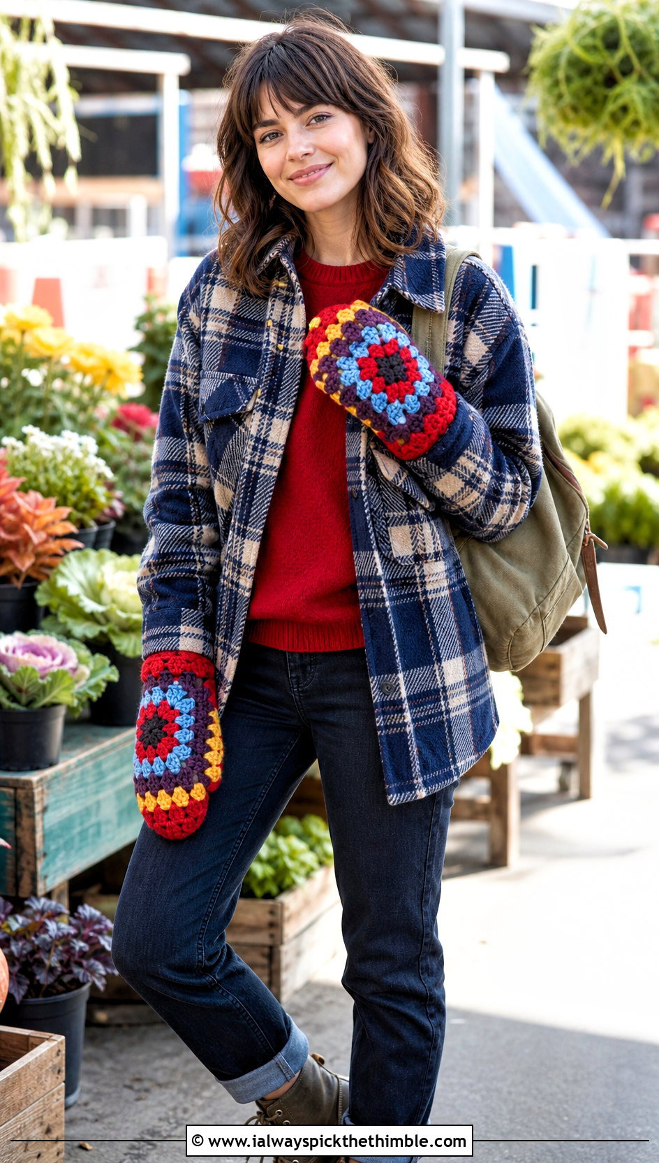 Granny Square Bulky Yarn Crochet Mittens With Plaid Shacket And Jeans - 20 Crochet Mittens Bulky Yarn outfit ideas
