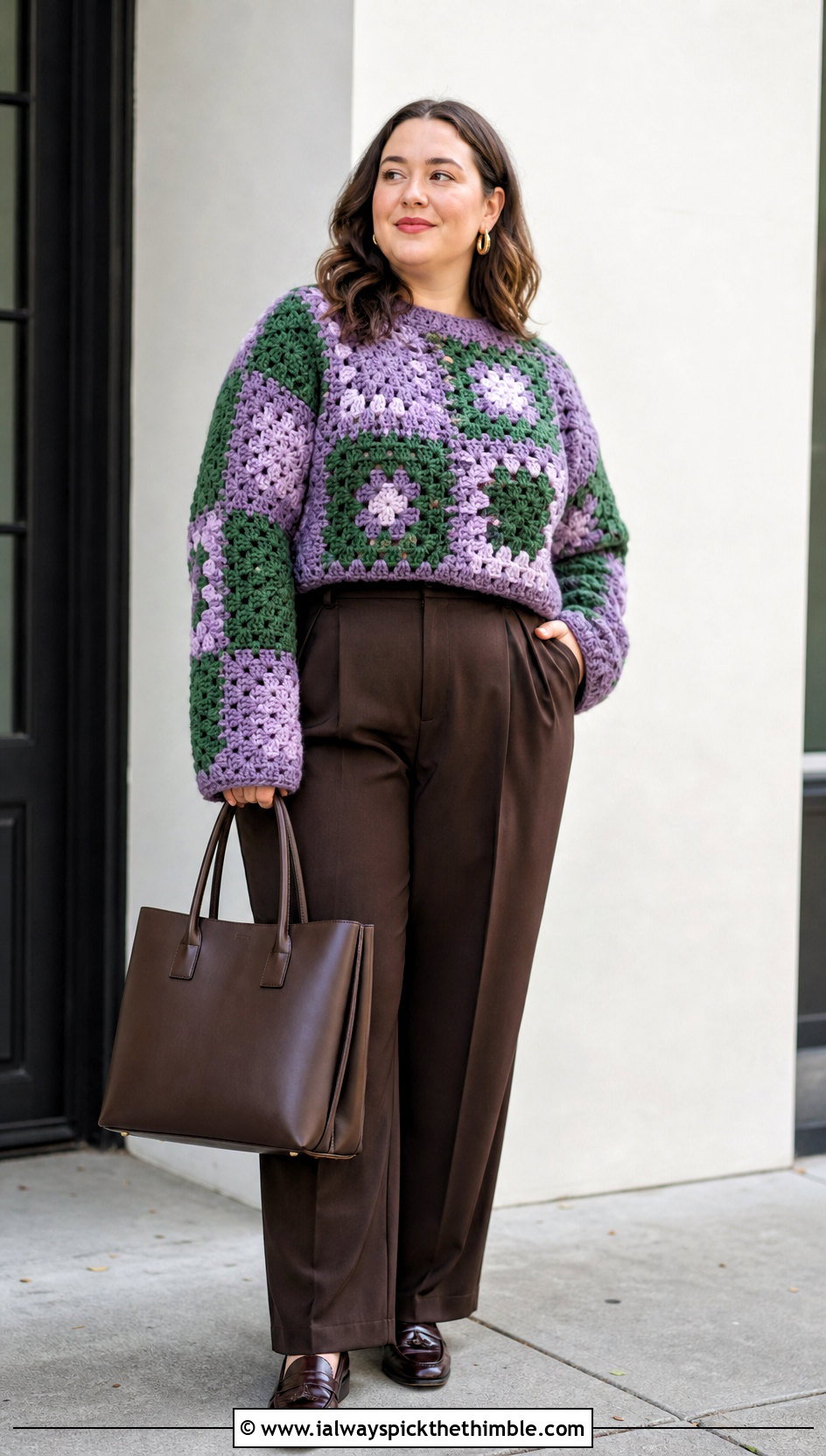 Granny Square Bulky Yarn Crochet Sweater With Pleated Trousers - 20 bulky yarn crochet sweater outfit ideas