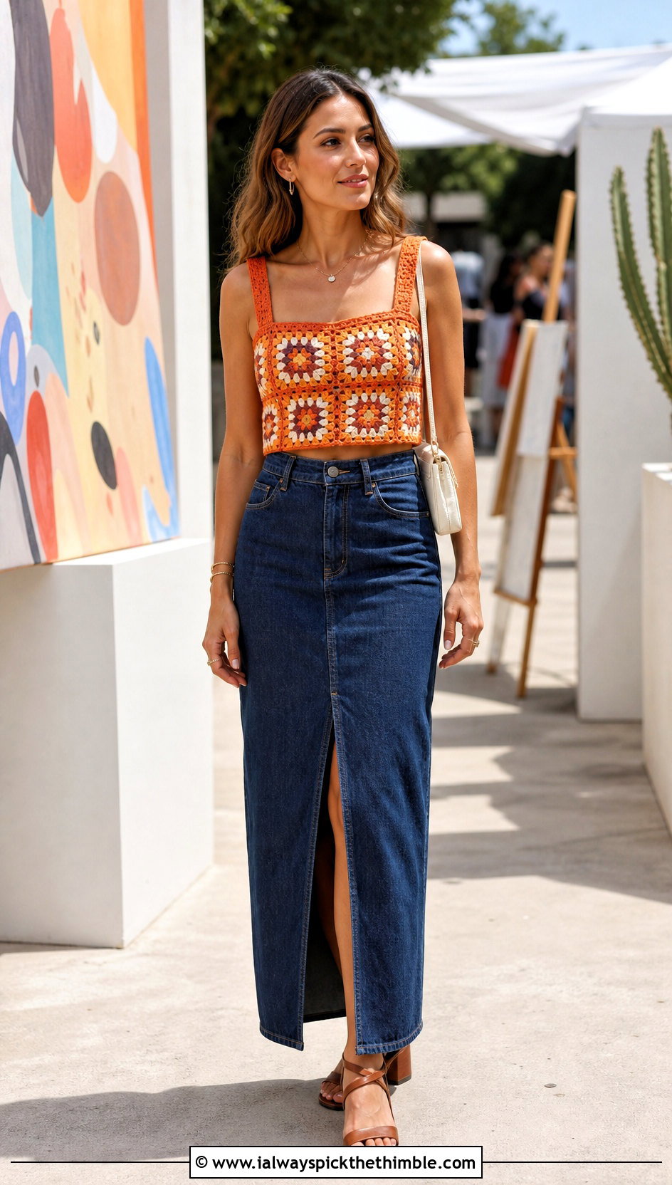 Granny Square Bustier Top With Denim Maxi Skirt - 20 crochet summer tops granny squares outfit ideas
