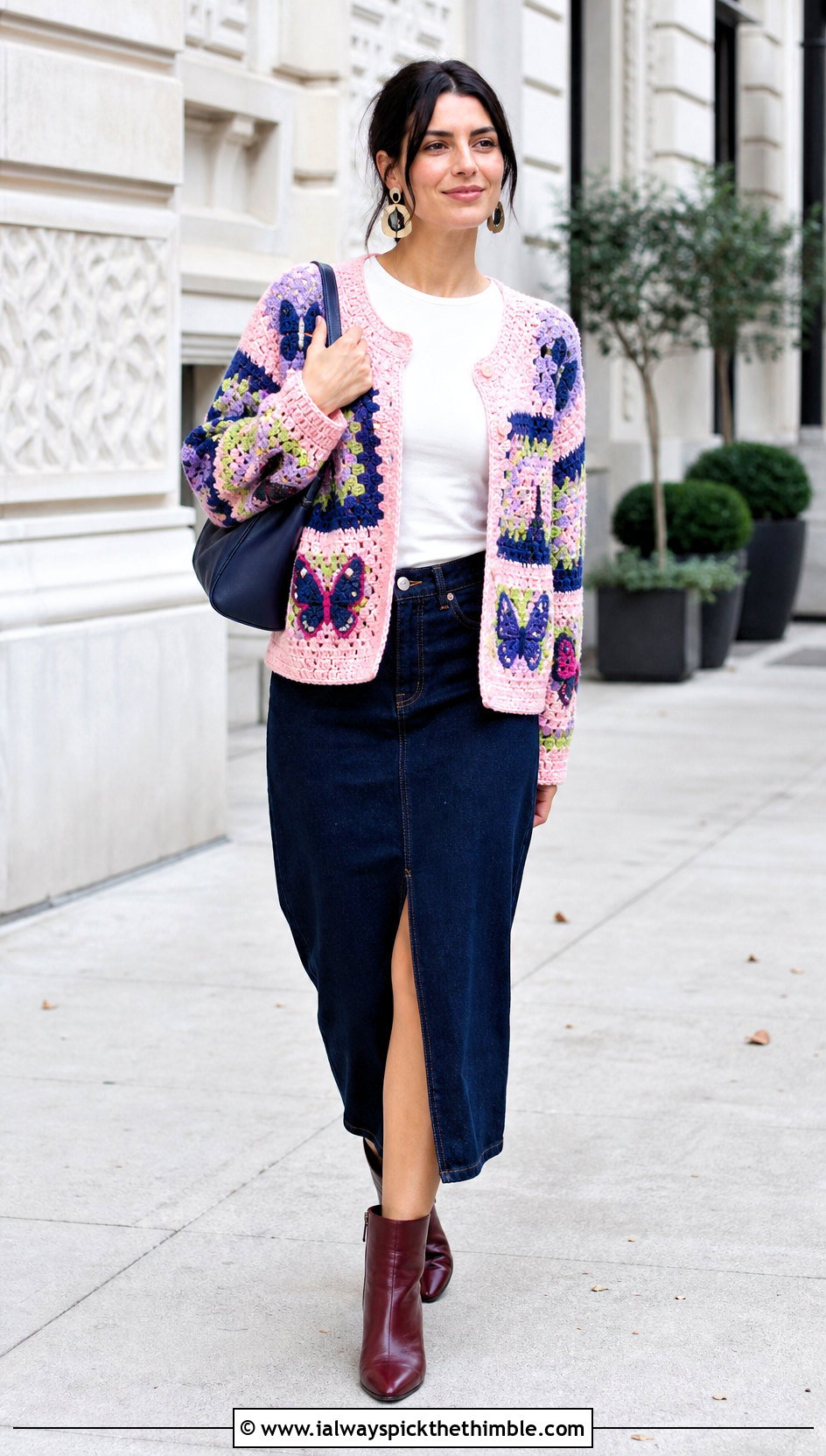 Granny Square Butterfly Cardigan With Denim Midi Skirt - 25 crochet butterfly cardigan outfit ideas